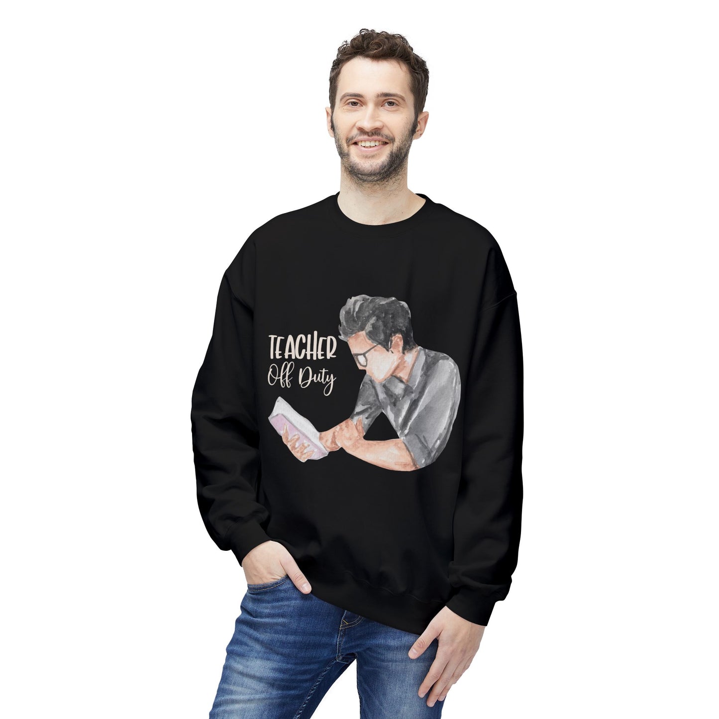 Teen/Adult Unisex Teacher Off Duty Sweatshirt, Book Lover Watercolor Crewneck
