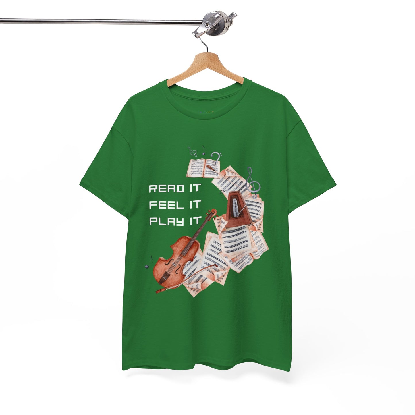 Green t-shirt with musical sheets, metronome, violin and text 'Read It. Feel It. Play It.'