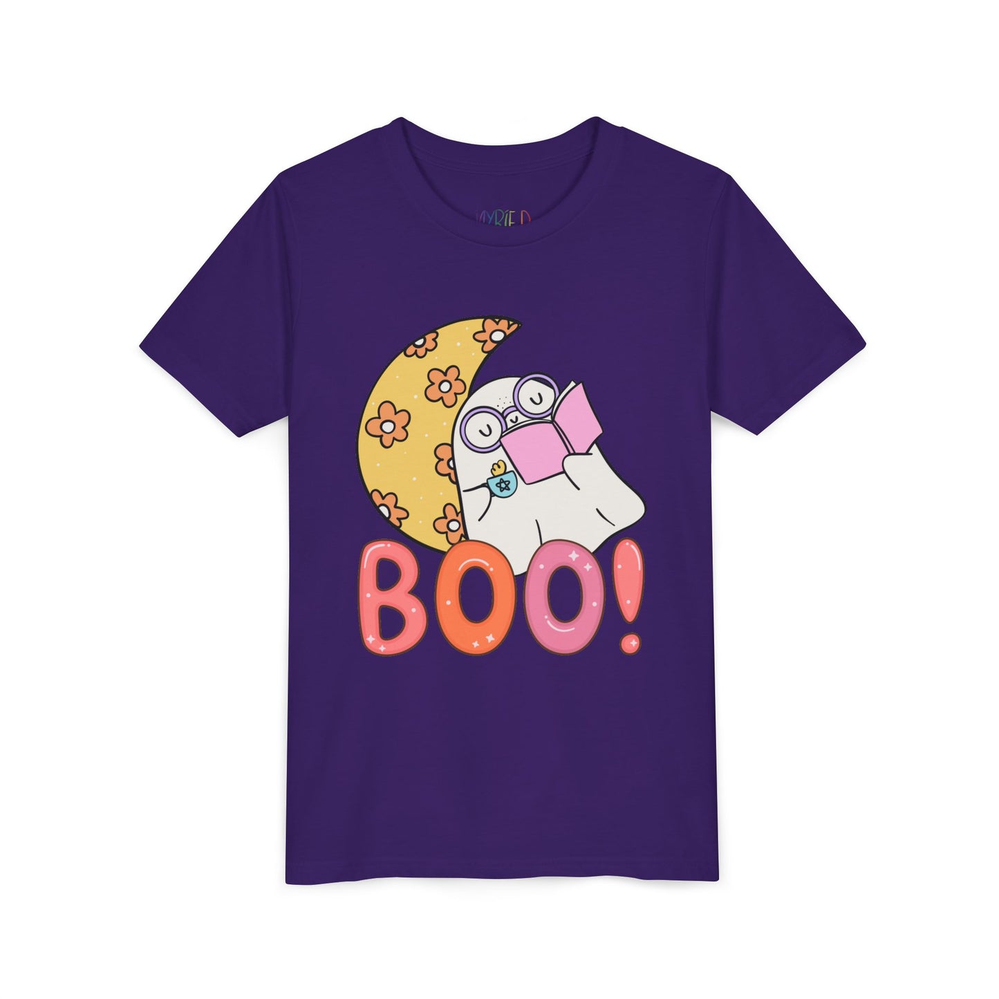 Purple t-shirt with a cartoon ghost leaning on a crescent flowered moon with a hot beverage and a good book, text 'BOO!' in large letters