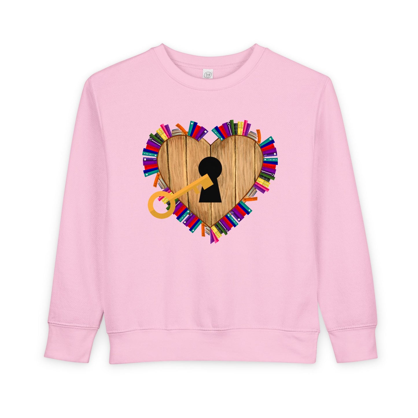 Pink toddler sweatshirt with a lock and key boardered by colorful hearts