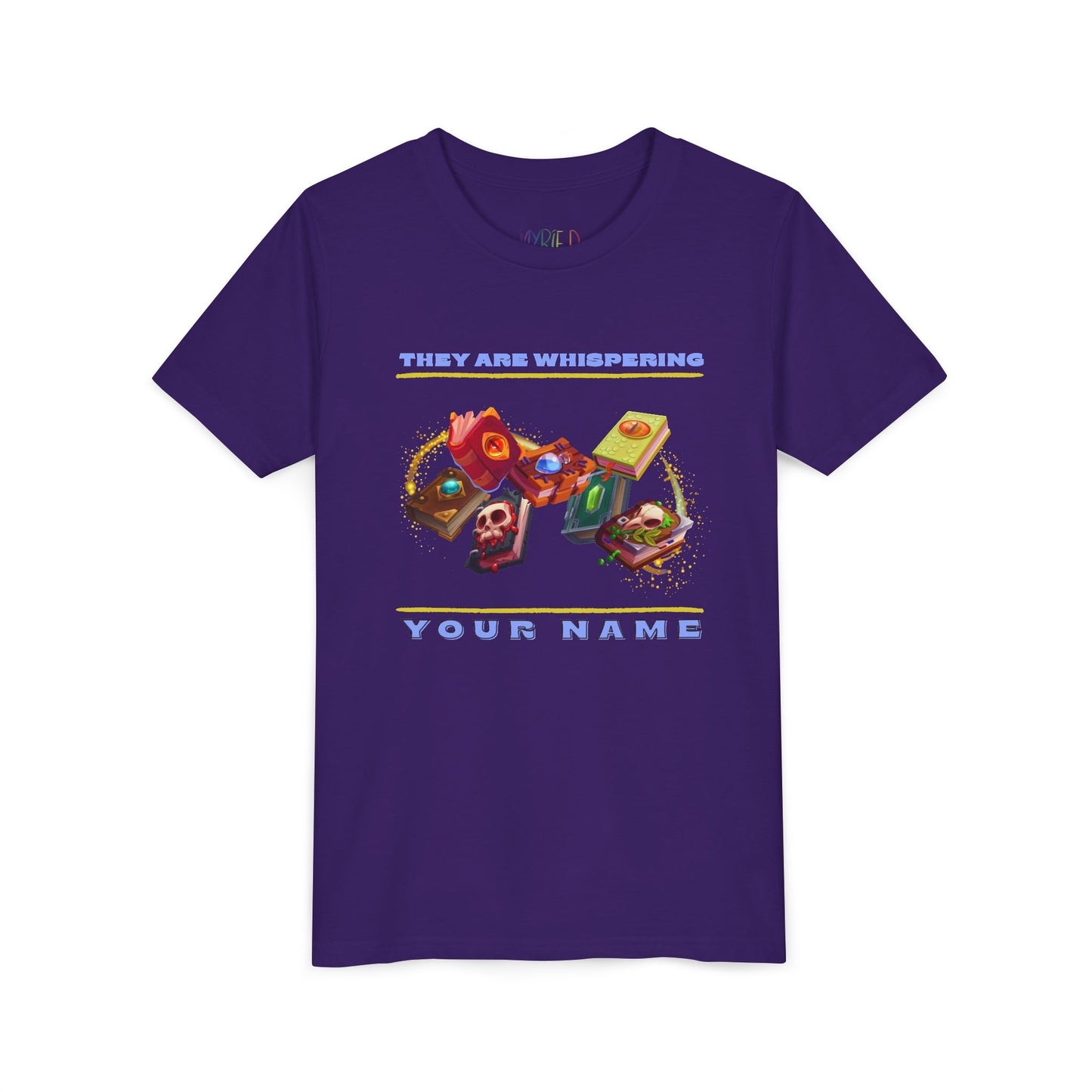 Purple t-shirt with colorful swirling enchanted book and text 'They Are Whispering Your Name'