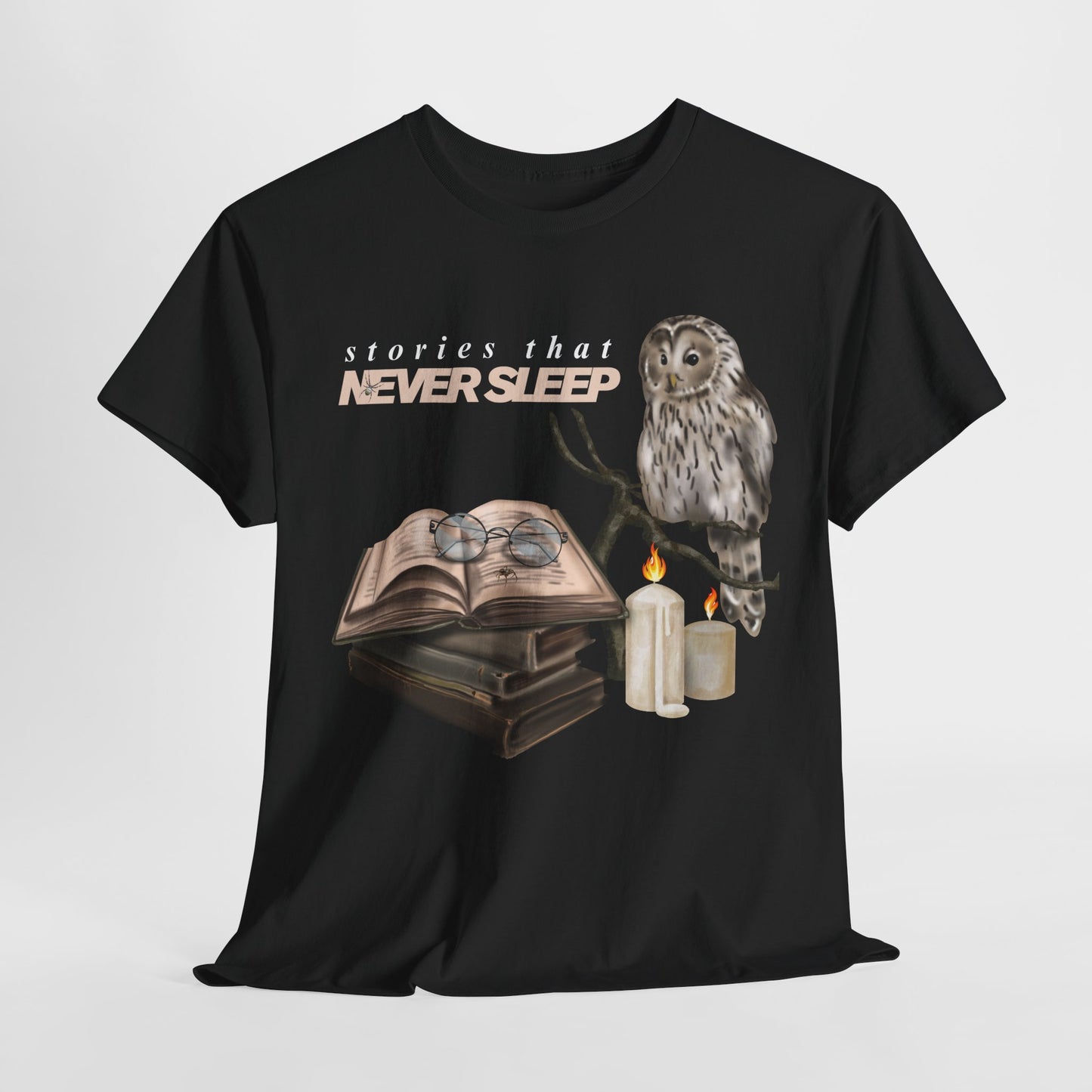 Teen/Adult Unisex "Stories That Never Sleep" Owl & Candlelight Book T-Shirt – Cozy Night Reader Tee