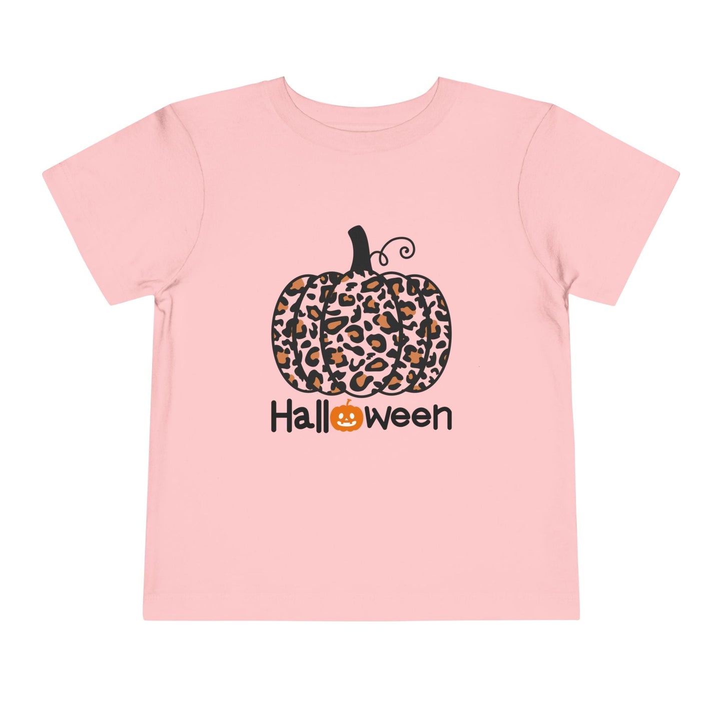 Pink toddler t-shirt with a leopard print pumpkin and 'Halloween' text on a white background