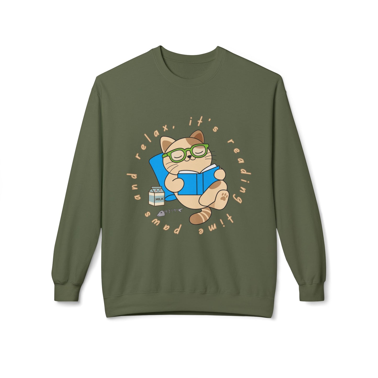 Teen/Adult Unisex Paws and Relax Sweatshirt – Cozy Cat Reading Time Design