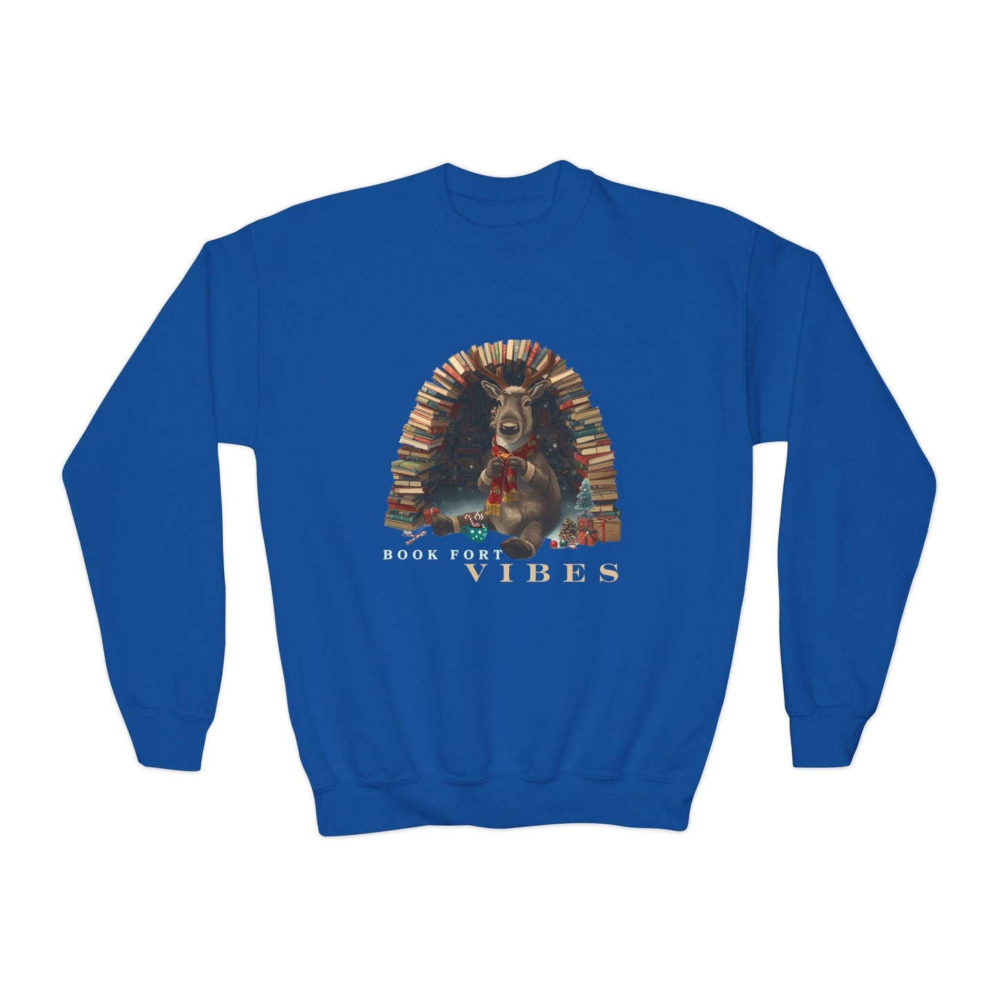 Youth Book Fort Vibes Sweatshirt – Cozy Reindeer Reading Nook Design Printify