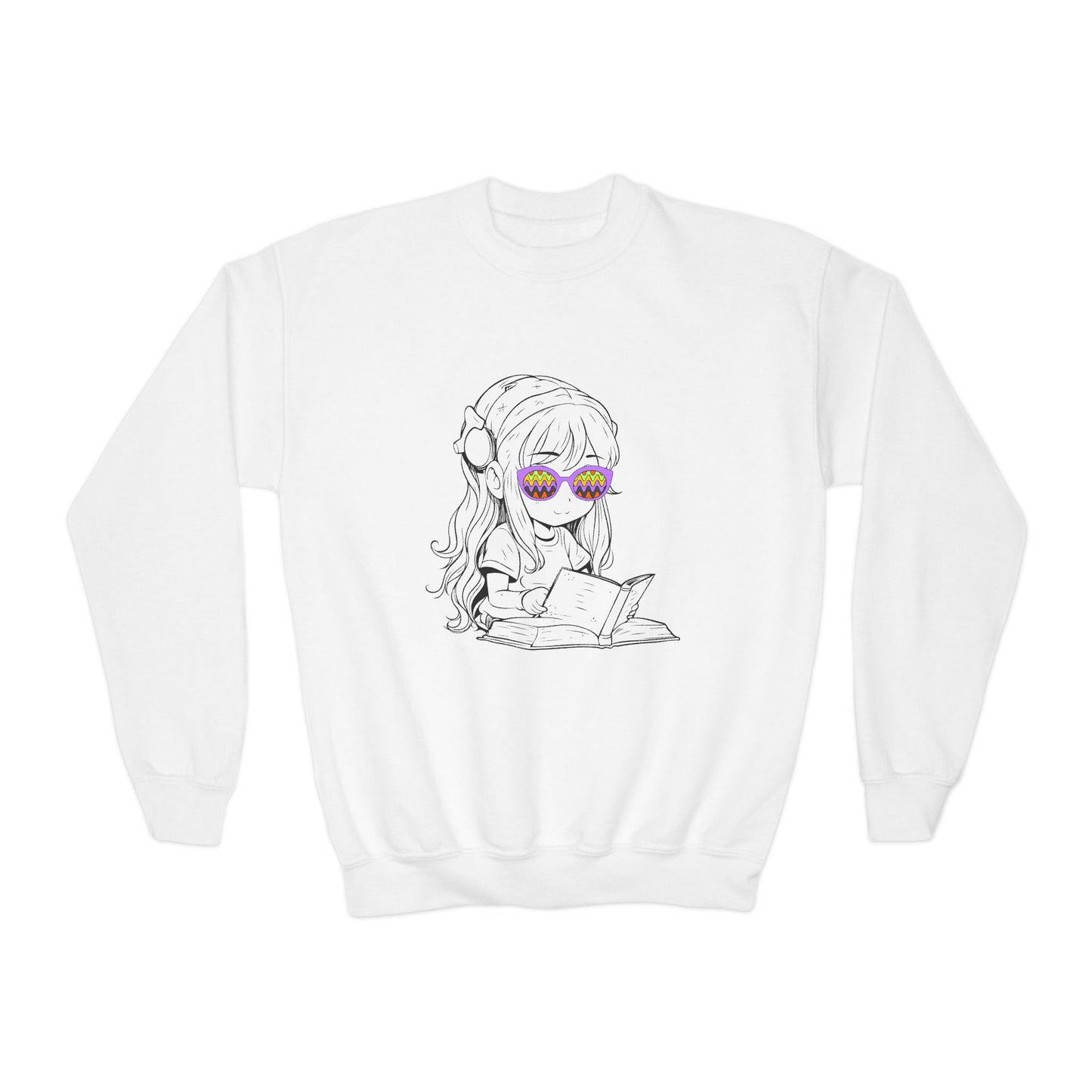 White sweatshirt with a white sketched drawing of a girl reading a book in colorful glasses