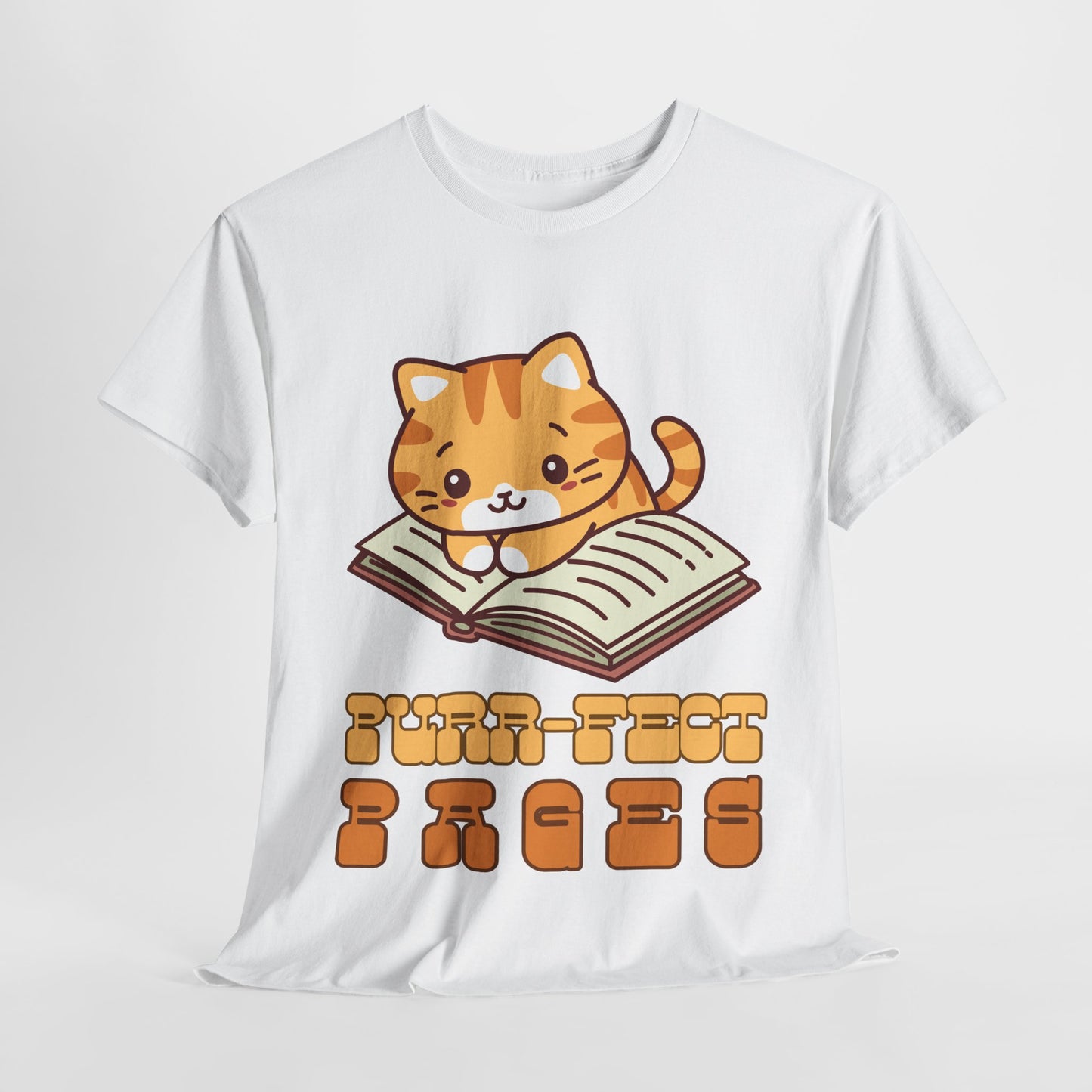 Teen/Adult Unisex “Purr-fect Pages” Cat Lover Reading Tee – Cute Bookish Cat Shirt