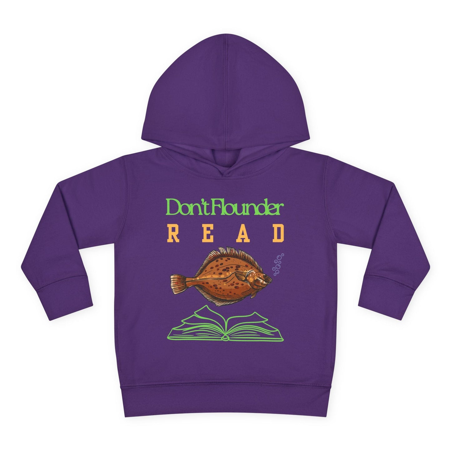 Purple toddler hoodie featuring a flounder fish floating above a book and text 'Don't Flounder - READ' on a white background