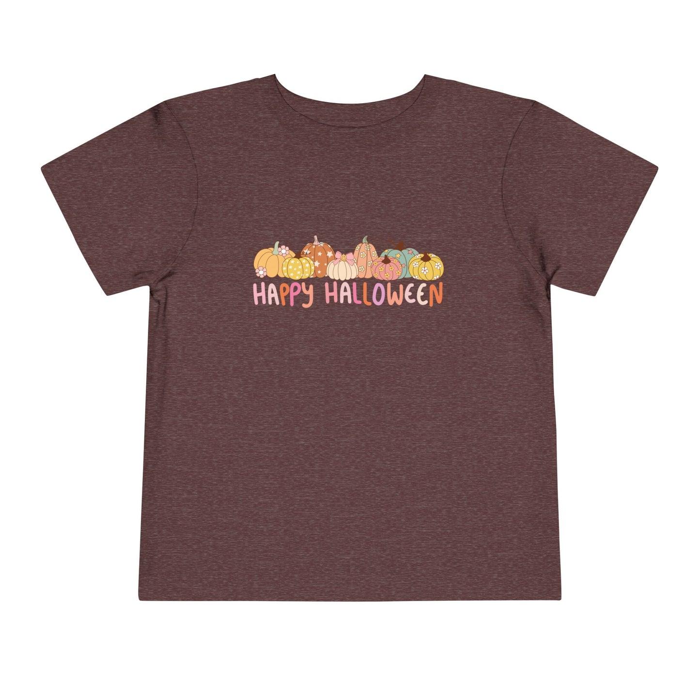 Maroon t-shirt with 'Happy Halloween' and pumpkin design on a white background