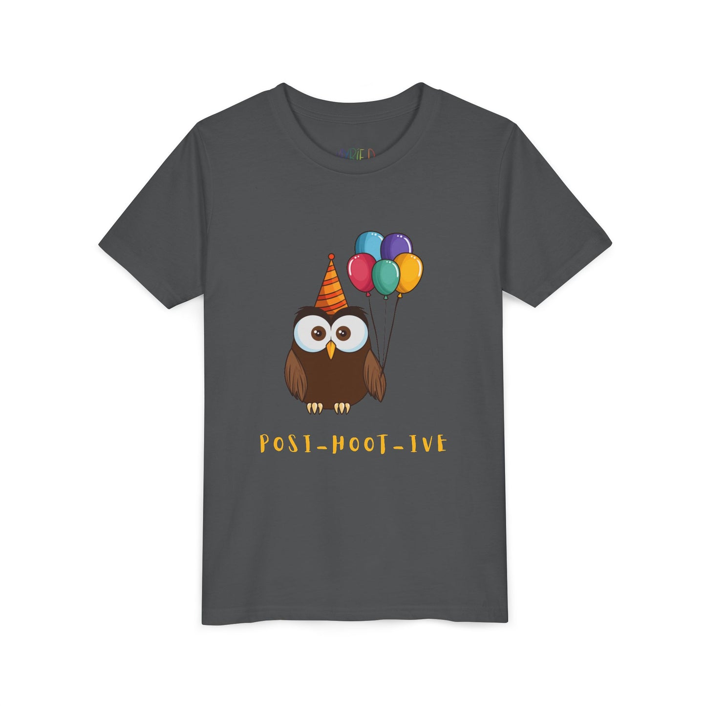 Gray t-shirt with an owl wearing a party hat and balloons, and the text 'POST-HOOT-IVE'