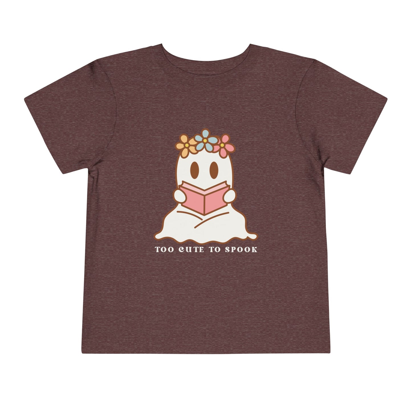Maroon toddler t-shirt with a ghost reading a book and 'Too Cute to Spook' text on a white background