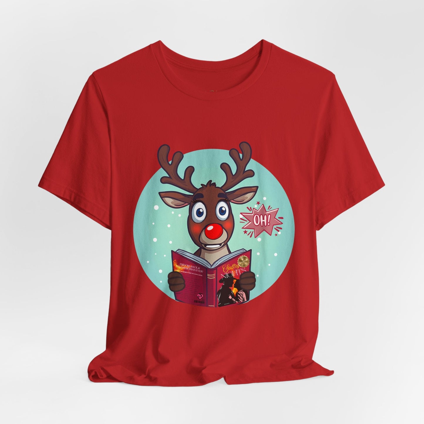 Teen/Adult Unisex Reindeer Shocked While Reading T-Shirt – Funny Christmas Book Lover Design Printify