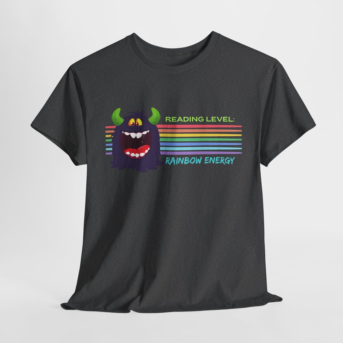 Teen/Adult Unisex “Rainbow Energy” Reading Shirt – Retro Monster Tee for Vibrant Book Lovers