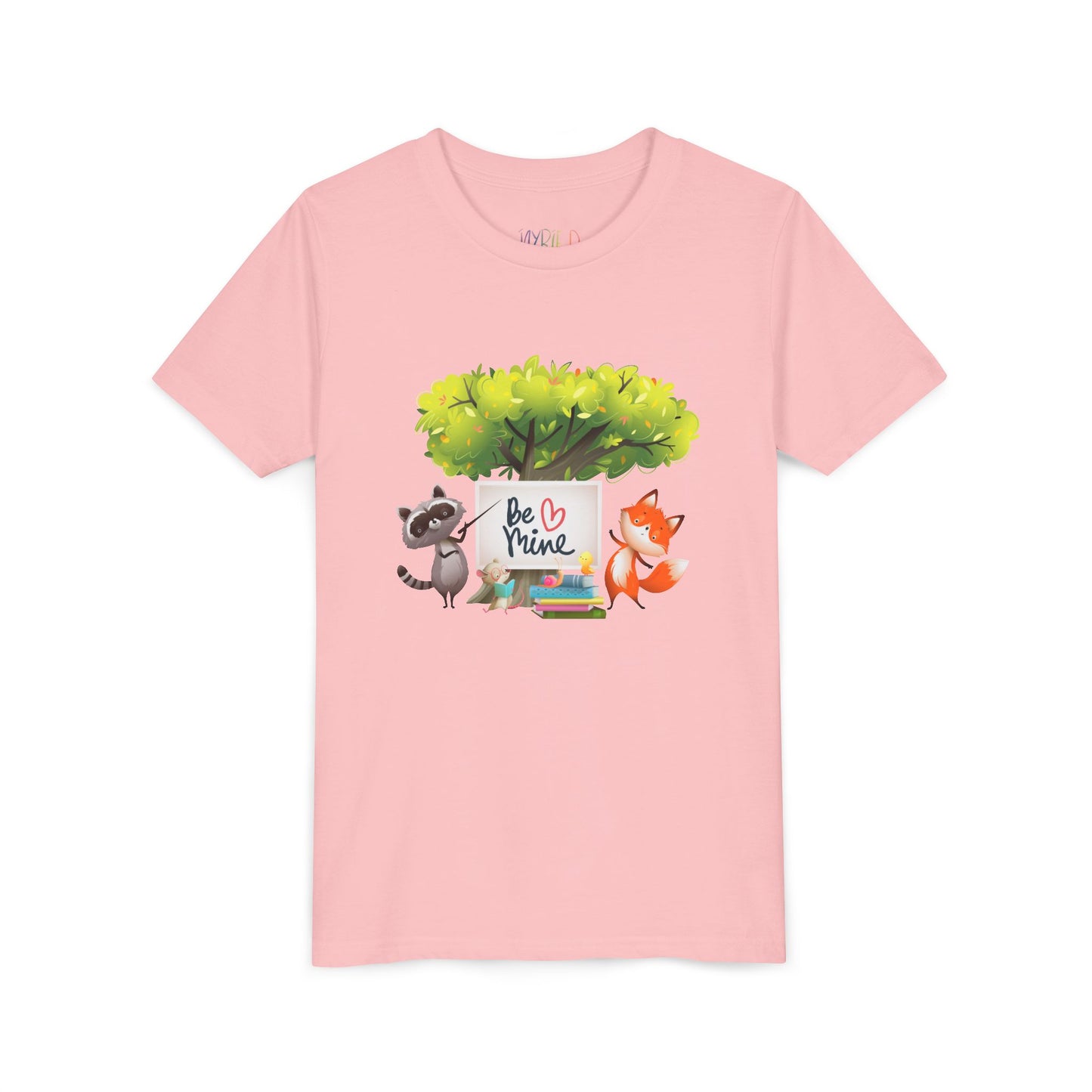 Pink t-shirt with a raccoon and fox graphic and 'Be Mine' text