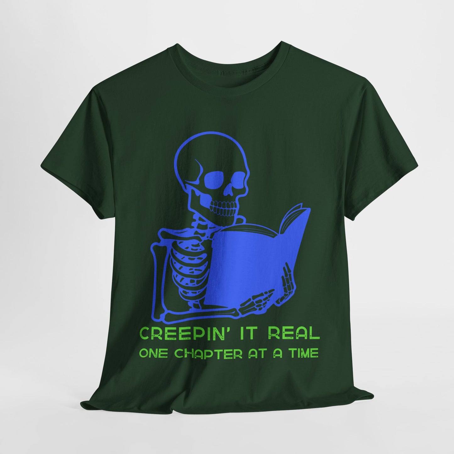 Teen/Adult Unisex Creepin’ It Real T-Shirt – Skeleton Horror Reader Graphic Tee