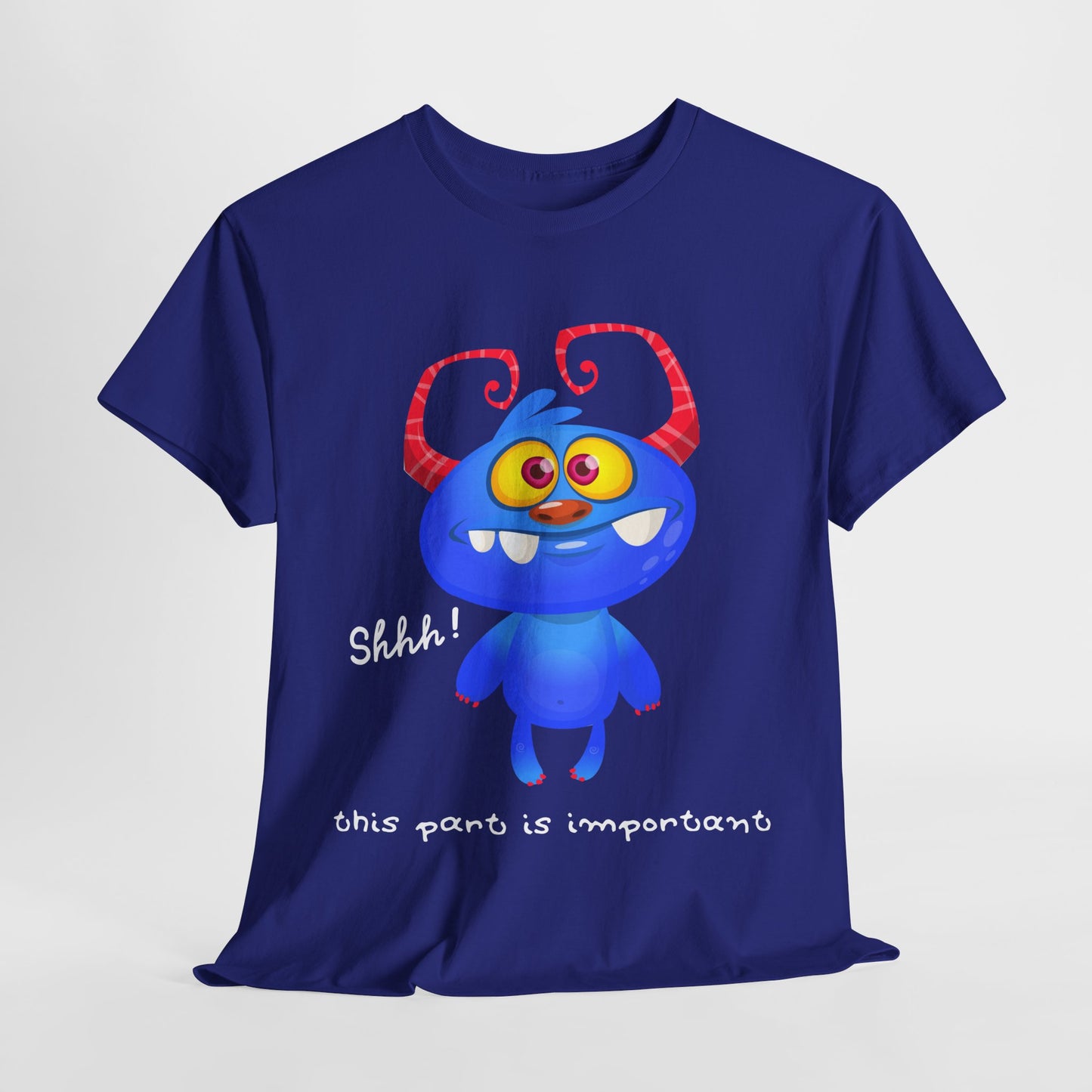 Teen/Adult Unisex “Shhh! This Part Is Important” Tee – Cute Blue Monster Quiet Zone Reading Shirt