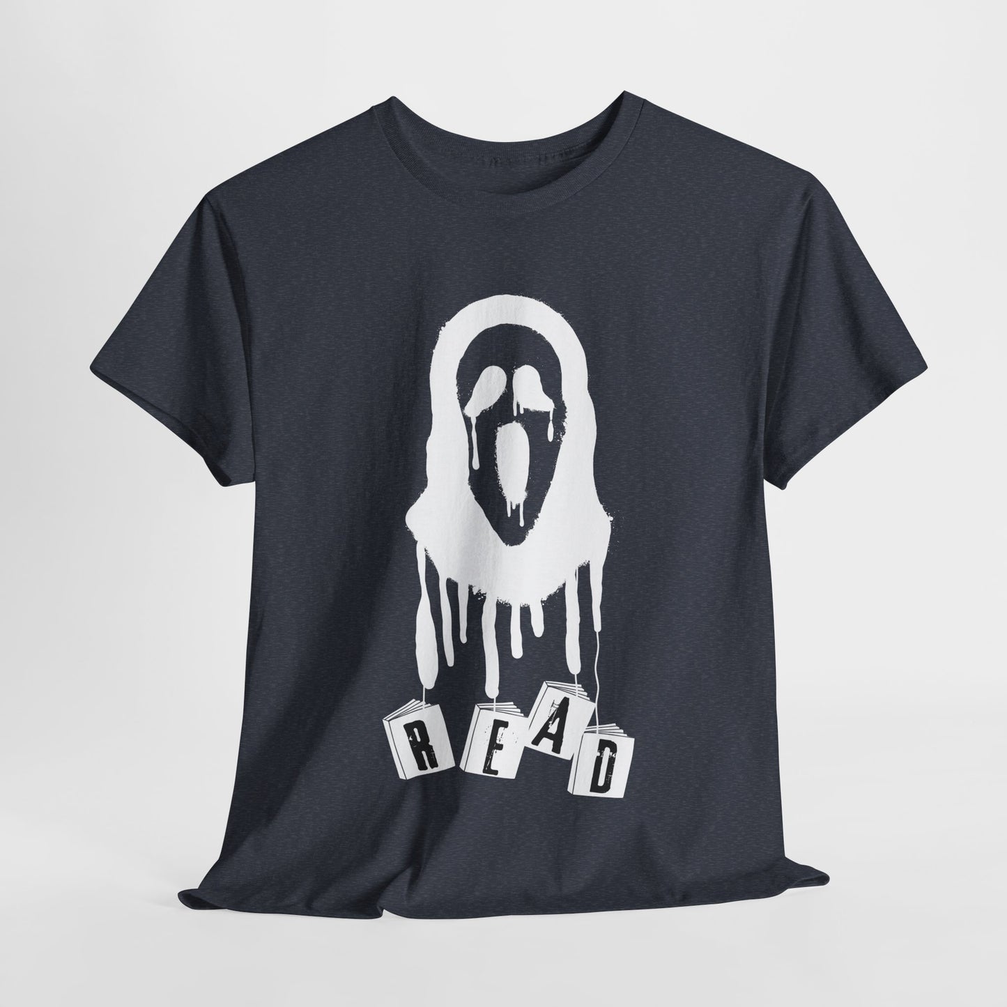 Teen/Adult Unisex Horror Mask READ T-Shirt – Creepy Book Lover Graphic Tee