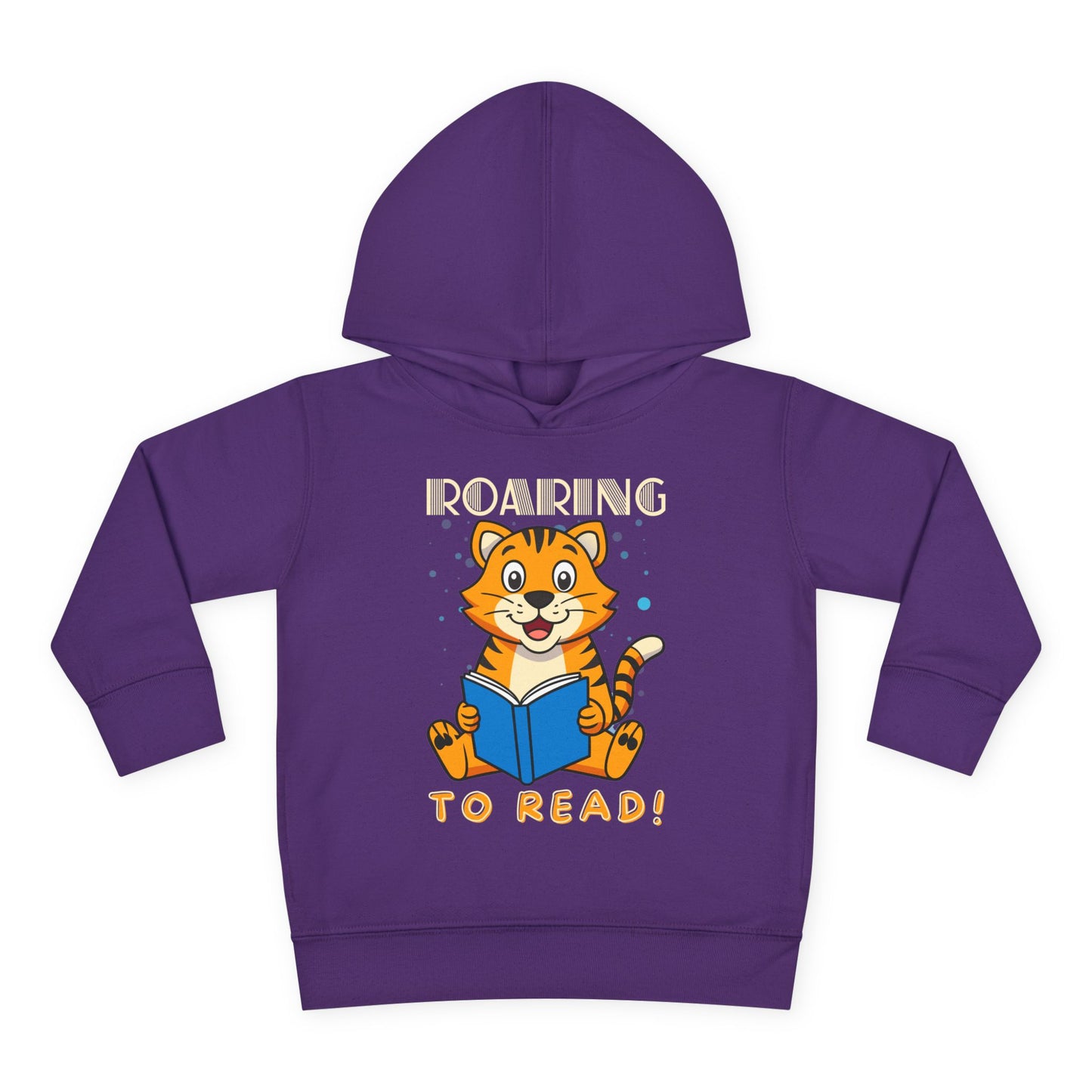 Purple toddler hoodie with a tiger reading a book and text 'ROARING TO READ!'