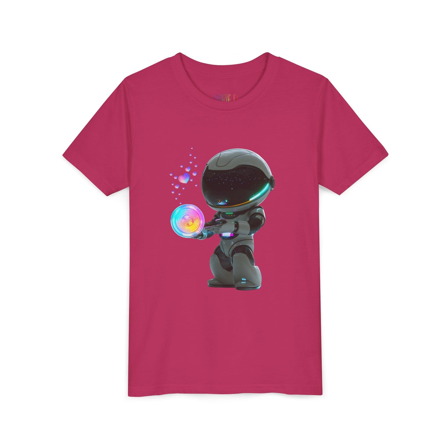 Pink t-shirt with an astronaut holding a glowing orb bubble with colorful hearts floating out of it