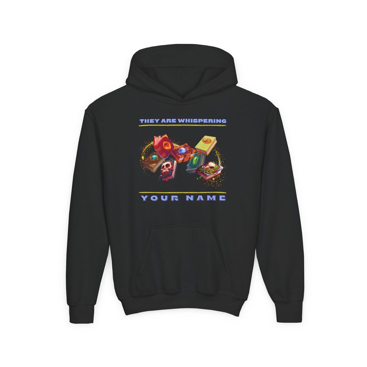 Black youth hoodie with colorful spooky books floating in golden swirls and text 'They Are Whispering Your Name'