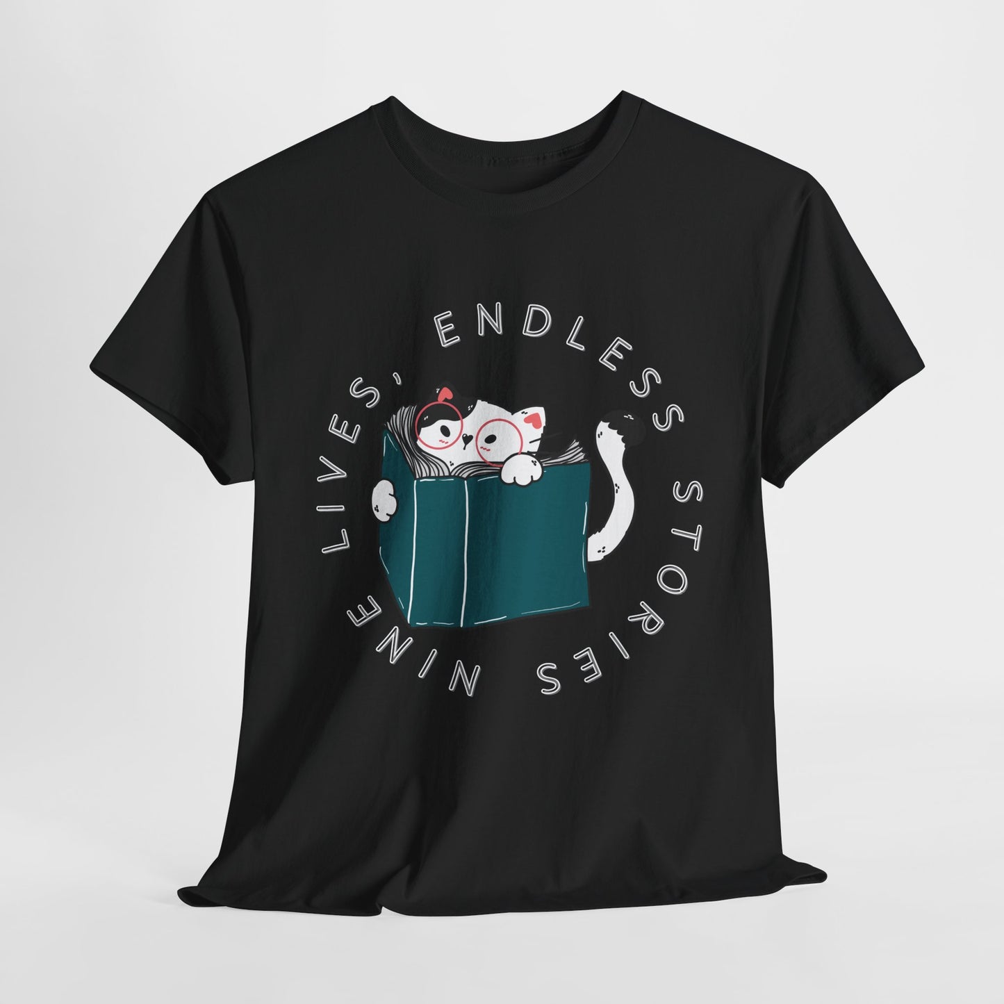 Teen/Adult Unisex "Nine Lives, Endless Stories" Cat & Book Graphic T-Shirt – Fun Reader Gift Tee