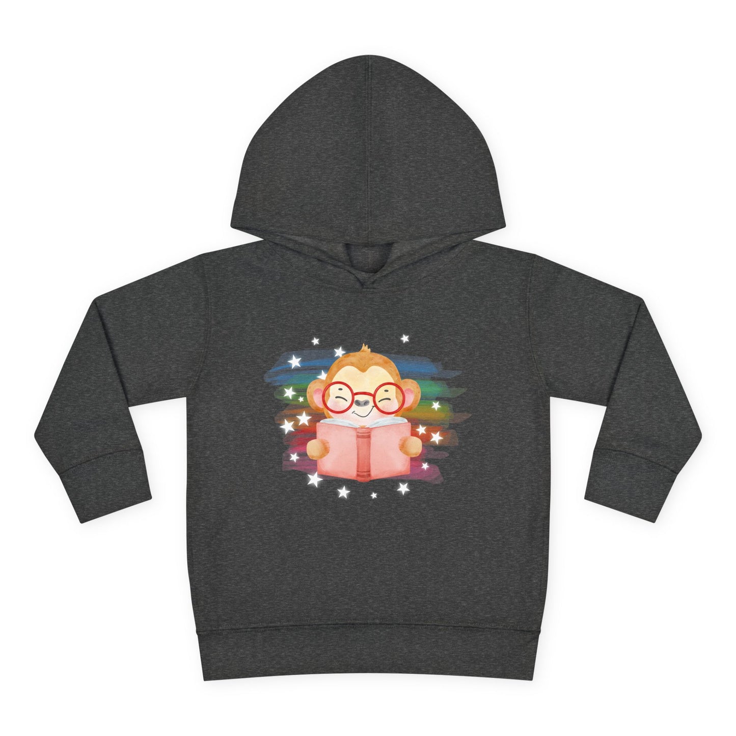 Dark gray hoodie with a cartoon monkey reading a book in front of arainbow and star background