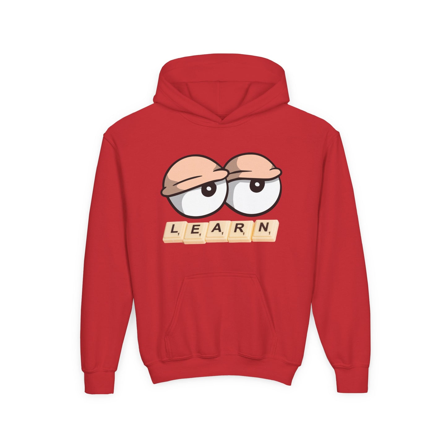 Red hoodie with cartoon eyes and 'LEARN' text