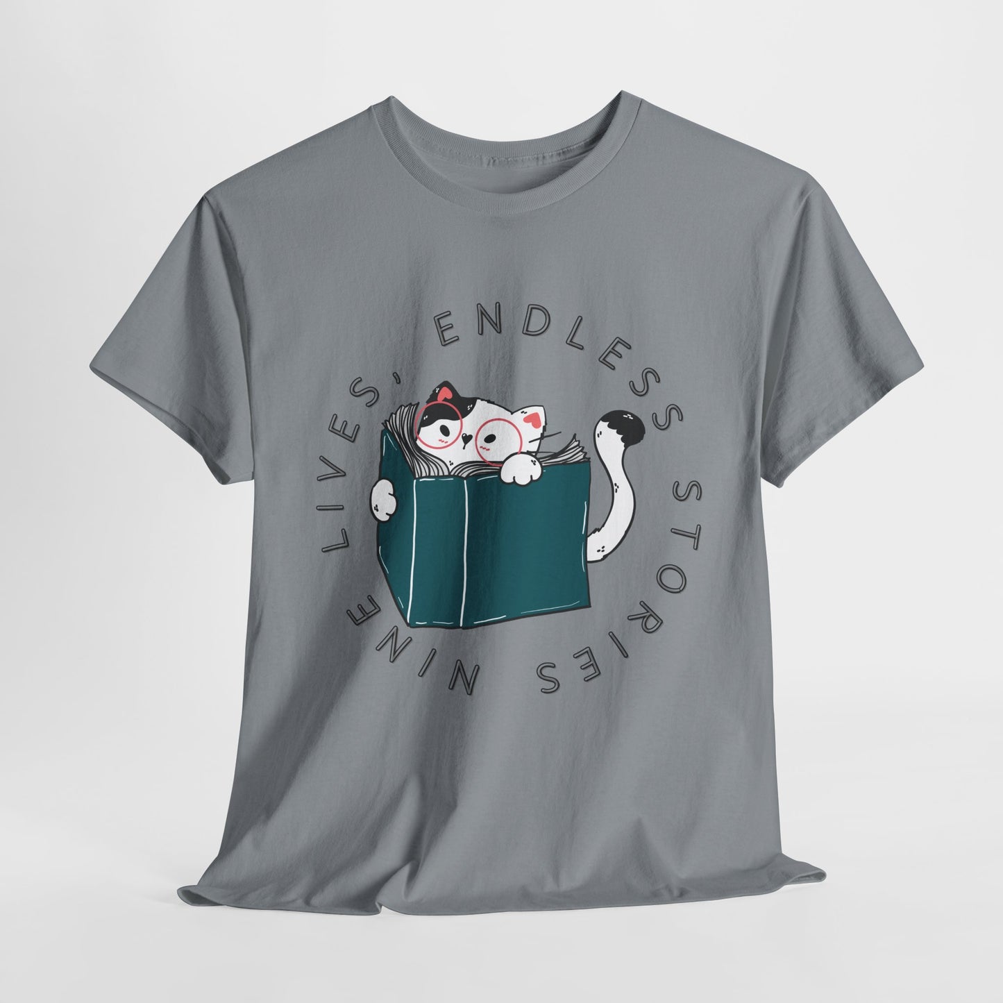 Teen/Adult Unisex "Nine Lives, Endless Stories" Cat & Book Graphic T-Shirt – Fun Reader Gift Tee