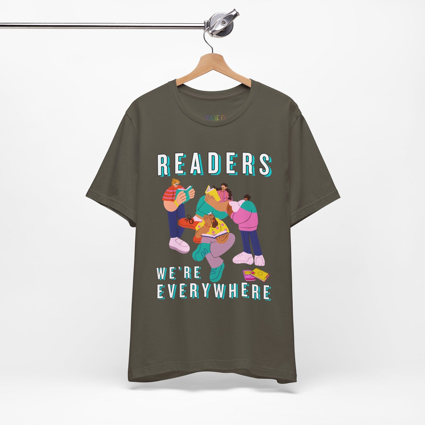 Army green t-shirt with colorful modern shaped people reading books and text 'READERS WE'RE EVERYWHERE'