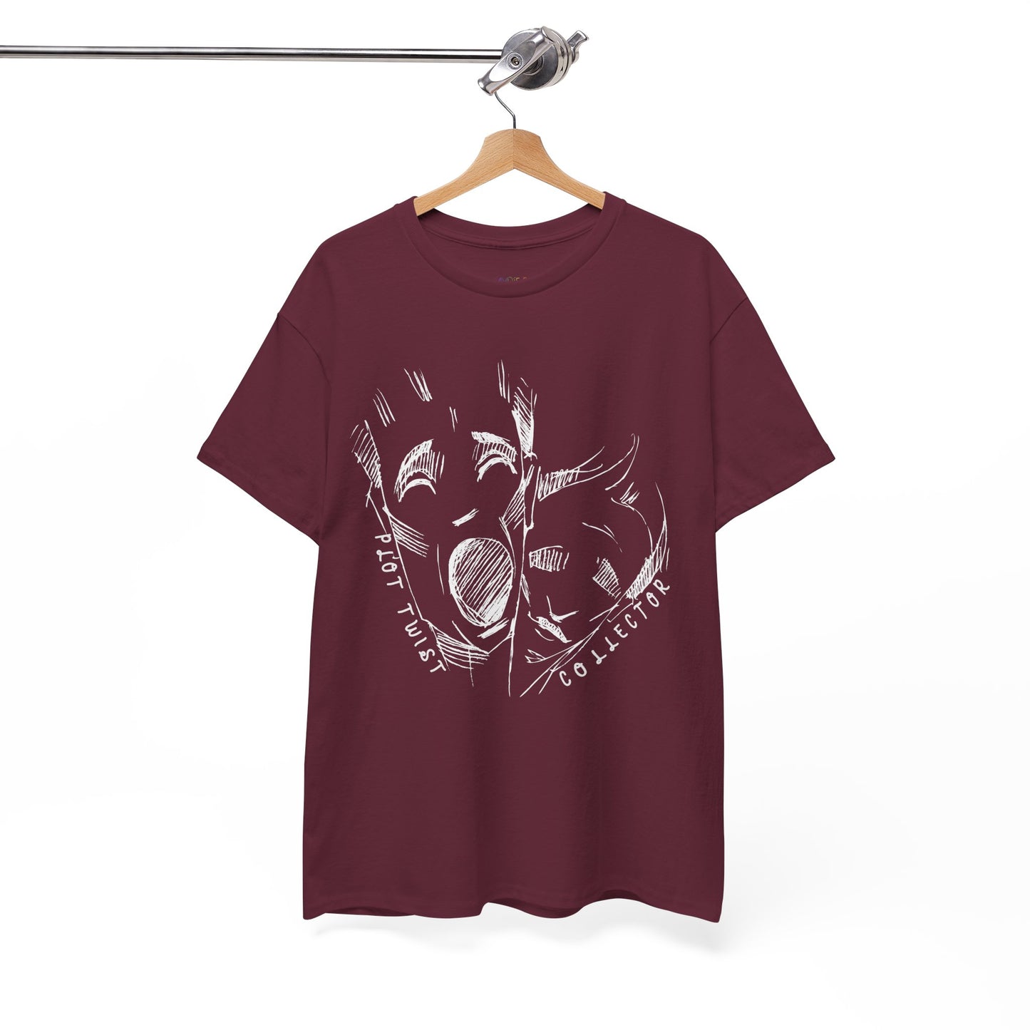 Maroon t-shirt with white sketched graphic design of creepy faces and text 'Plot Twist Collector' on a hanger against a white background