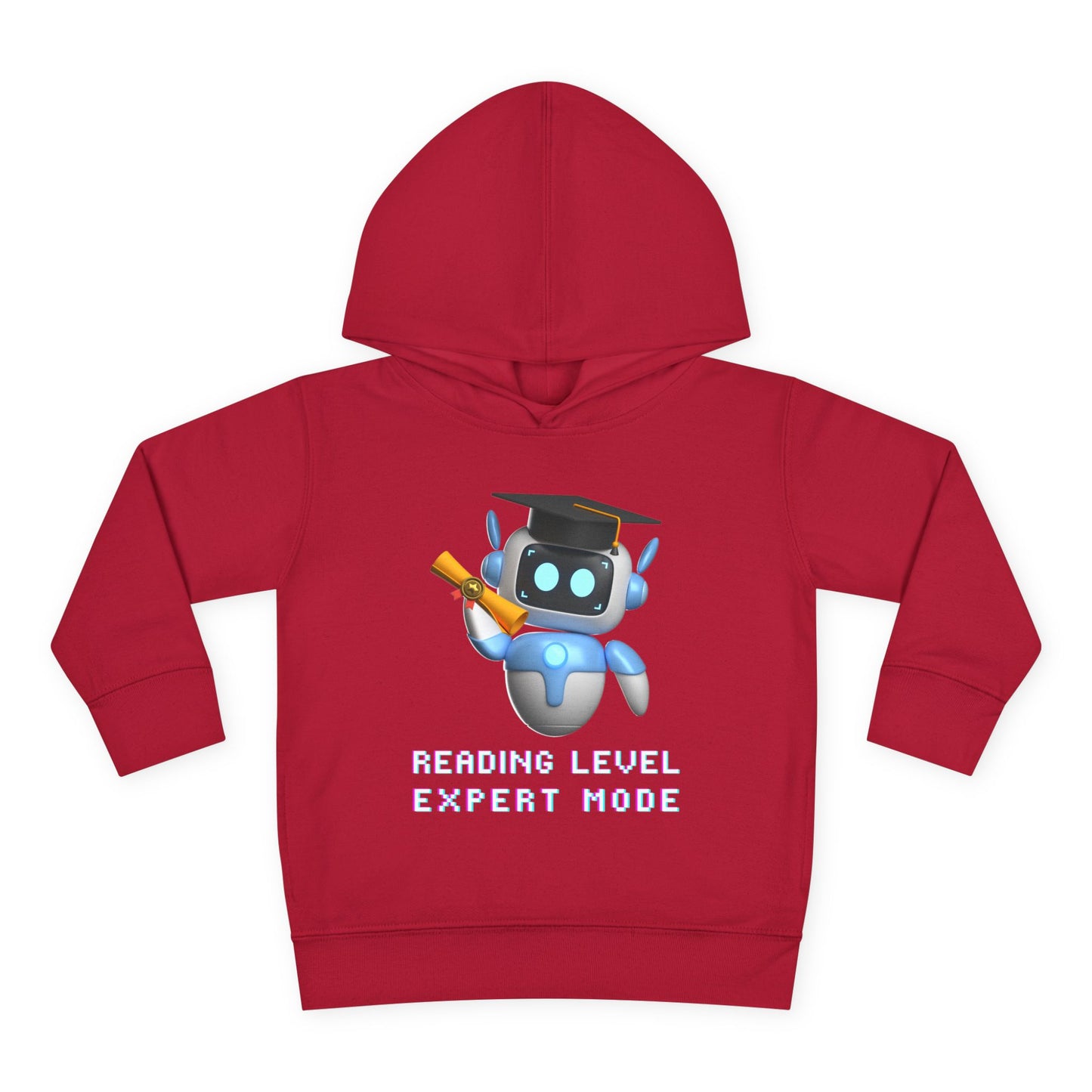 Red hoodie with a robot graduate design and text 'Reading Level Expert Mode'