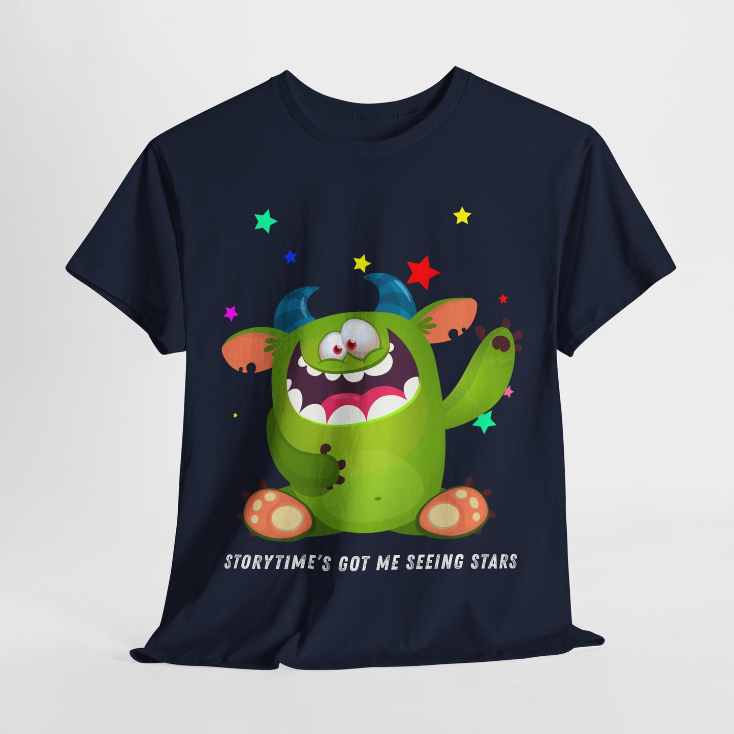 Teen/Adult Unisex Storytime’s Got Me Seeing Stars – Playful Monster Reading Tee