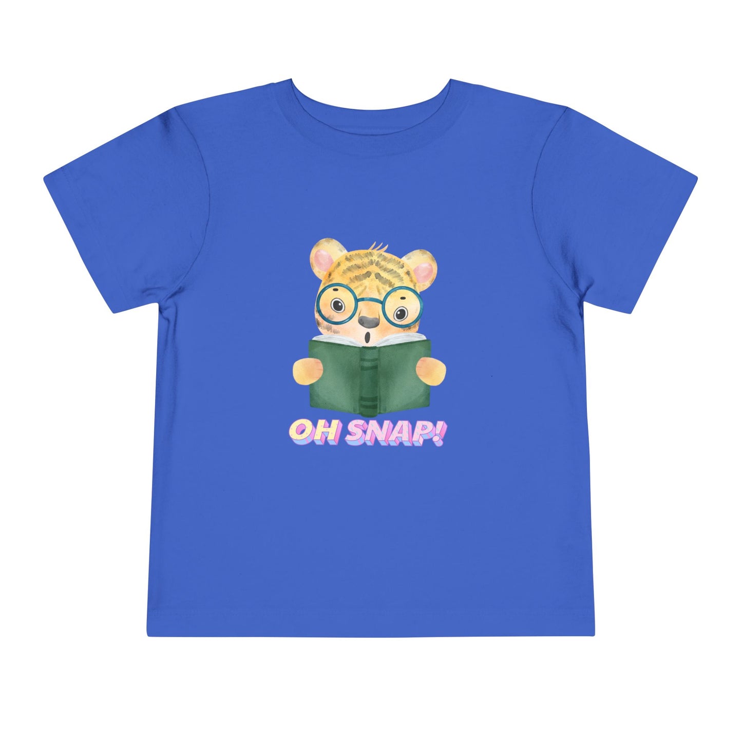 Blue toddler t-shirt with a surprised cartoon tiger wearing glasses, holding a book and text 'OH SNAP!'