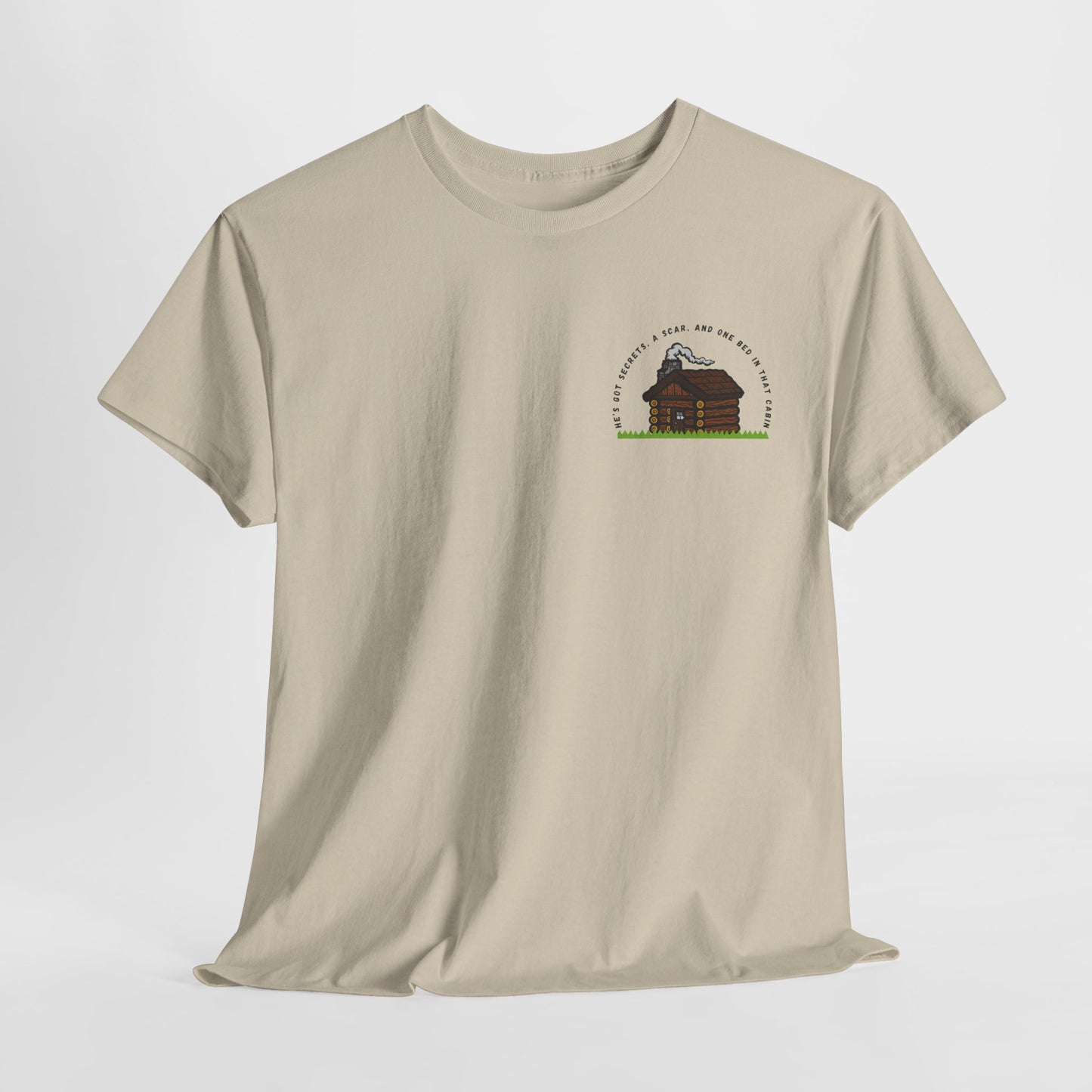 Teen/Adult Unisex Tee – He’s Got Secrets, a Scar, and One Bed in That Cabin (Little Edition)