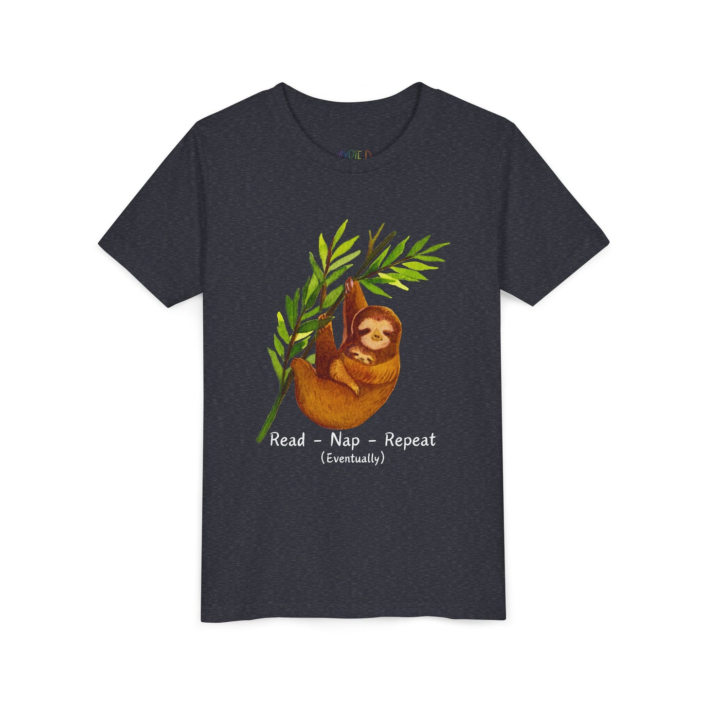 Youth Read – Nap – Repeat (Eventually) Tee – Sloth Book Shirt for Easygoing Young Readers