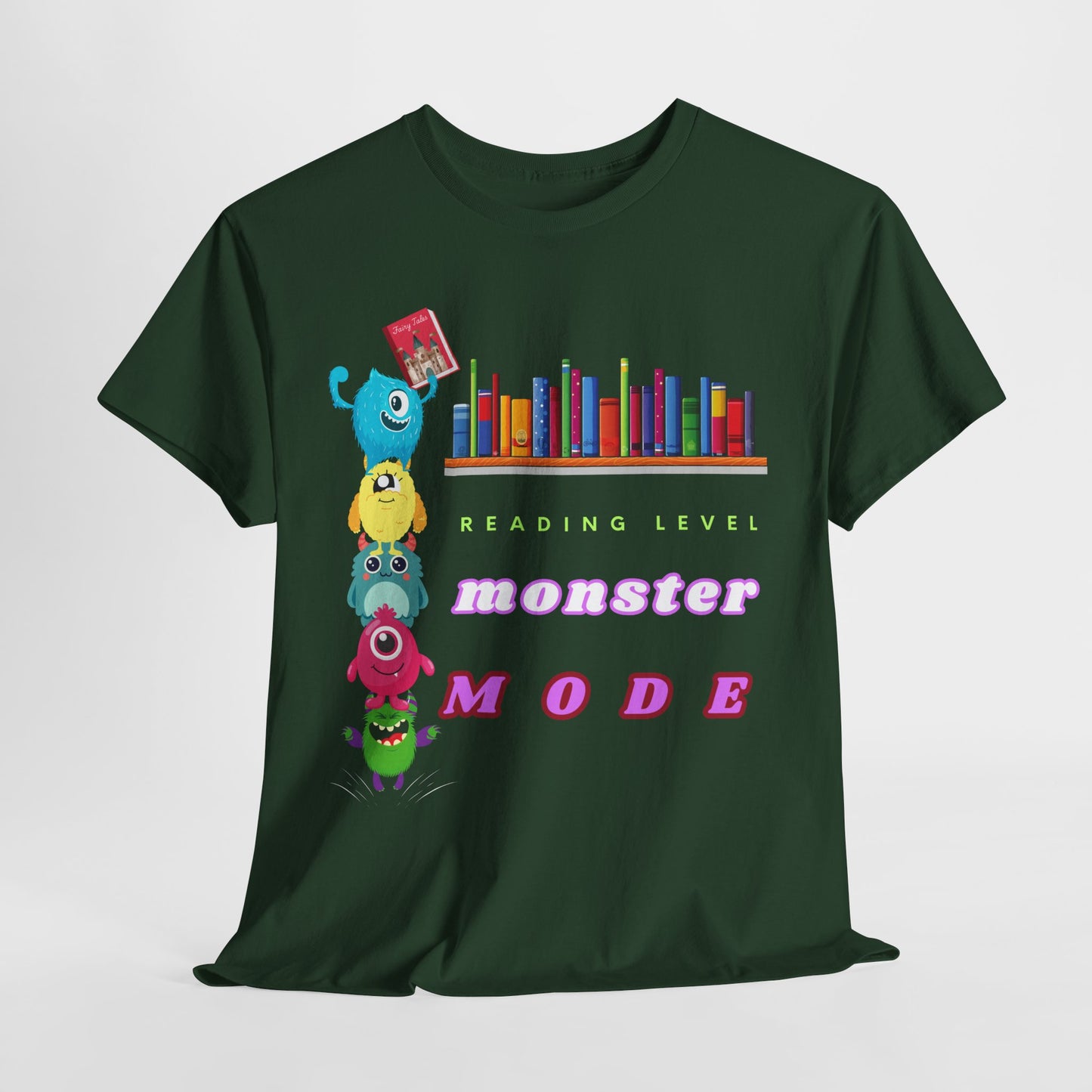 Teen/Adult Unisex “Reading Level: Monster Mode” Tee – Funny Stacked Monster Shirt for Relentless Readers