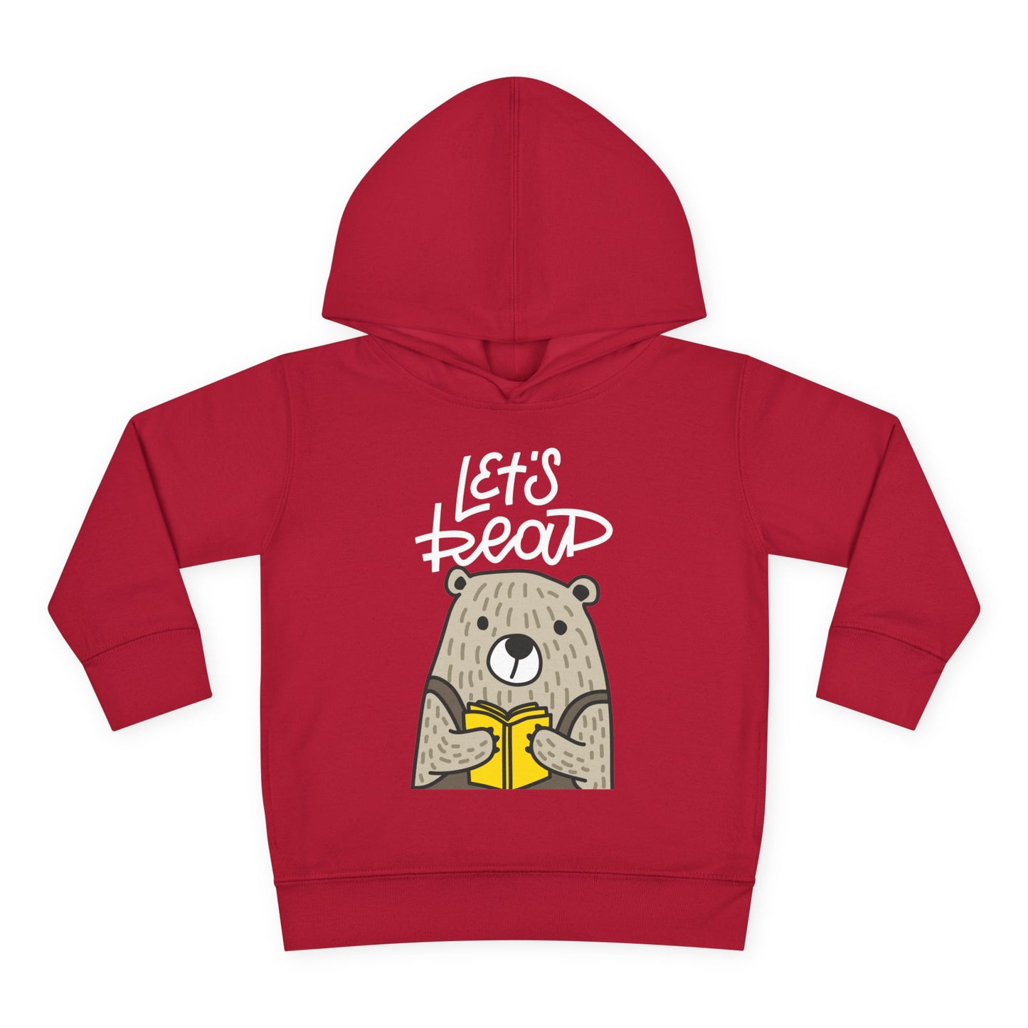 Illustration of a bear holding a yellow book with the words “Let’s Read” above — printed on a dark toddler hoodie.