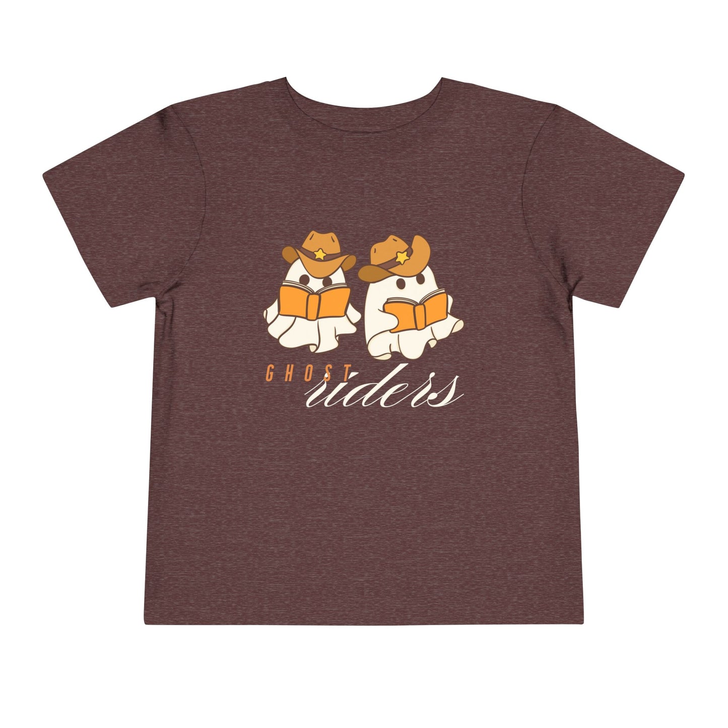Maroon t-shirt with two cowboy hat wearing ghosts reading books and text 'Ghost Riders'