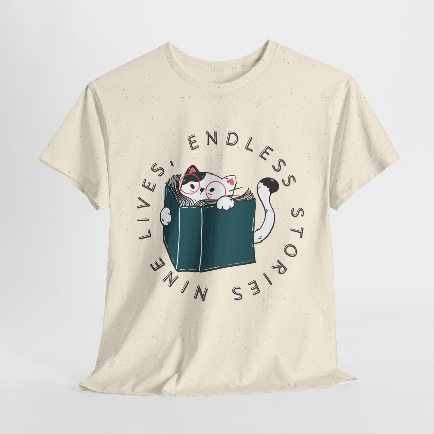 Teen/Adult Unisex "Nine Lives, Endless Stories" Cat & Book Graphic T-Shirt – Fun Reader Gift Tee