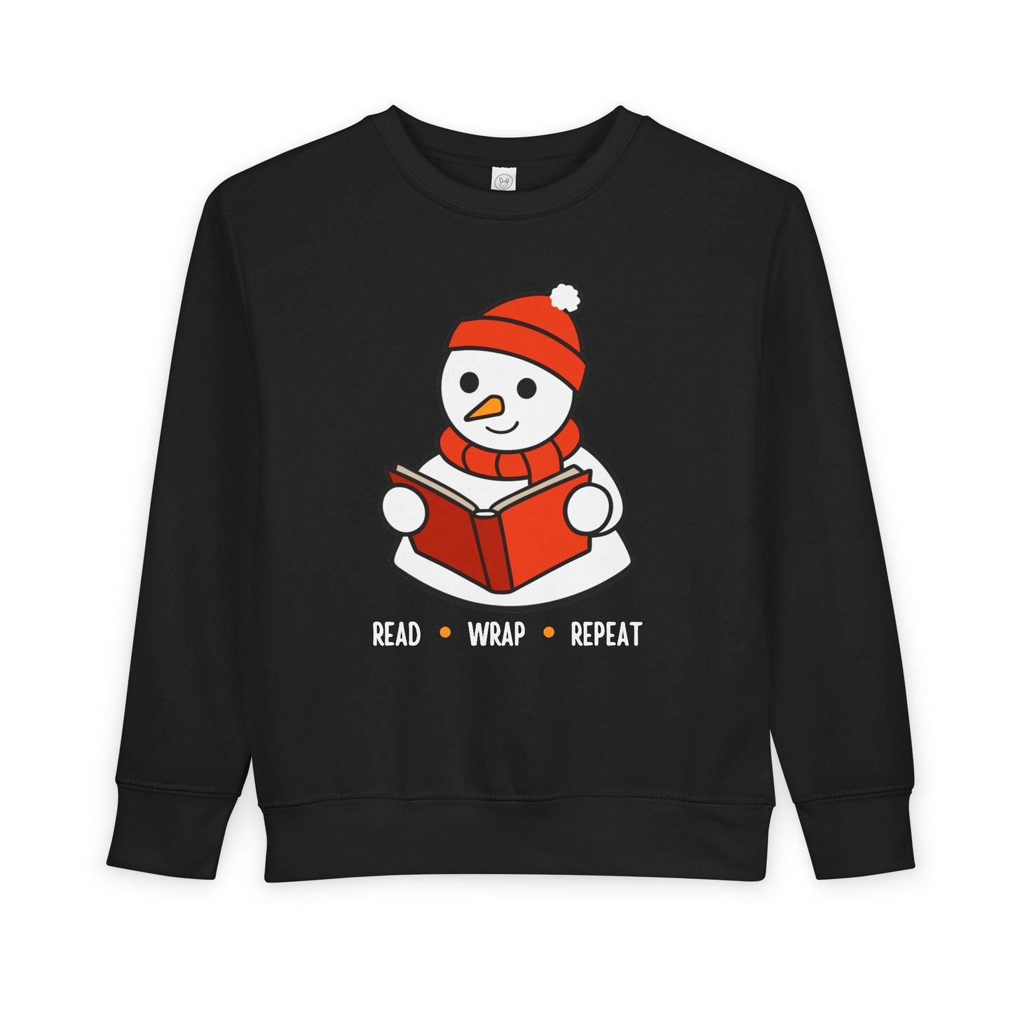 Black toddler sweatshirt with a snowman reading a book, text 'Read, Wrap, Repeat' on a white background