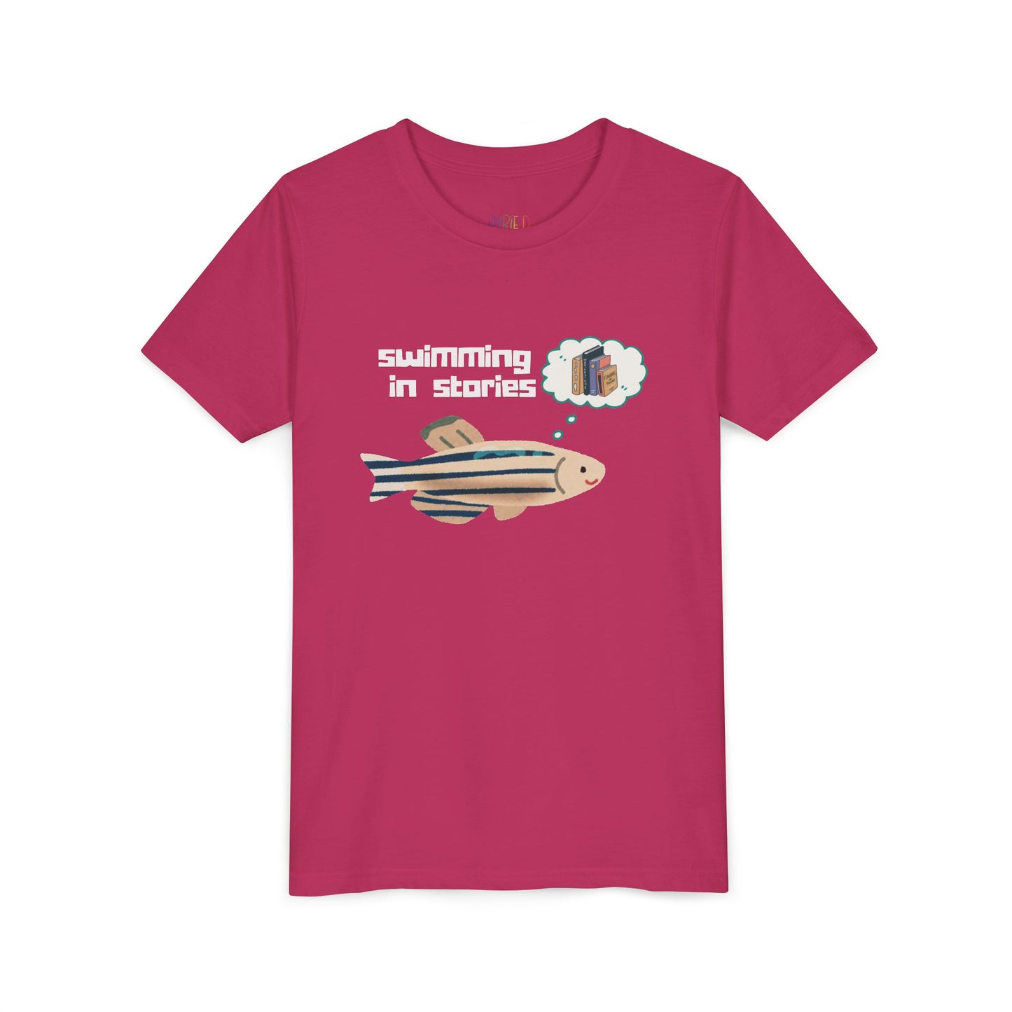 Youth Swimming in Stories Tee – Fun Reading Shirt for Curious Kids. A dreamy design for book-loving adventurers