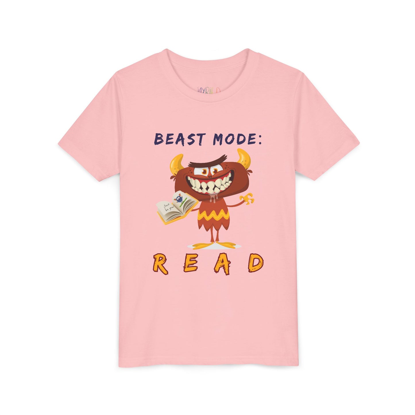 Pink t-shirt with a toothy, drooling, cartoon monster holding an open book and 'BEAST MODE: READ' text