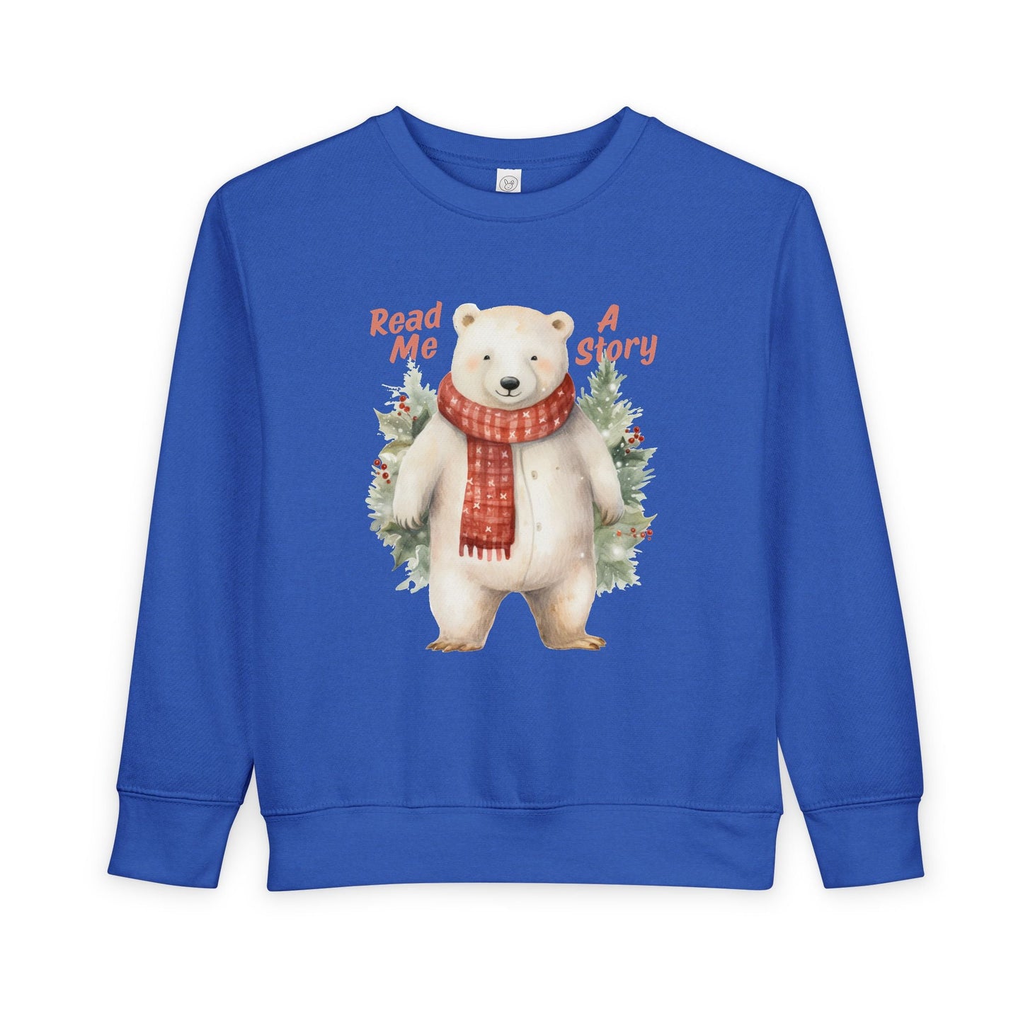 Blue toddler sweatshirt with a polar bear graphic and text 'Read Me A Story' on a white background