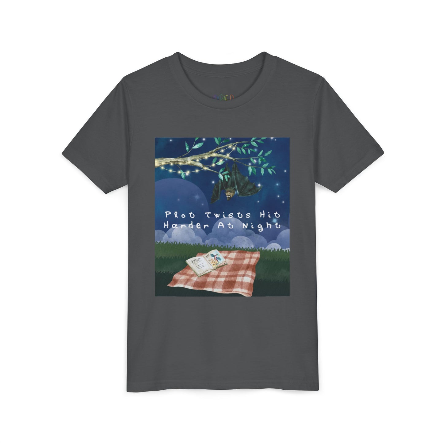 Youth Plot Twists Hit Harder at Night Tee β Spooky Bat Shirt for Bedtime Readers