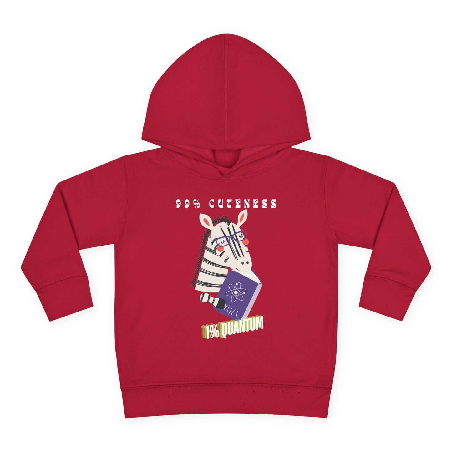 Red toddler hoodie with a zebra reading a book and text '99% Cuteness 1% Quantum'