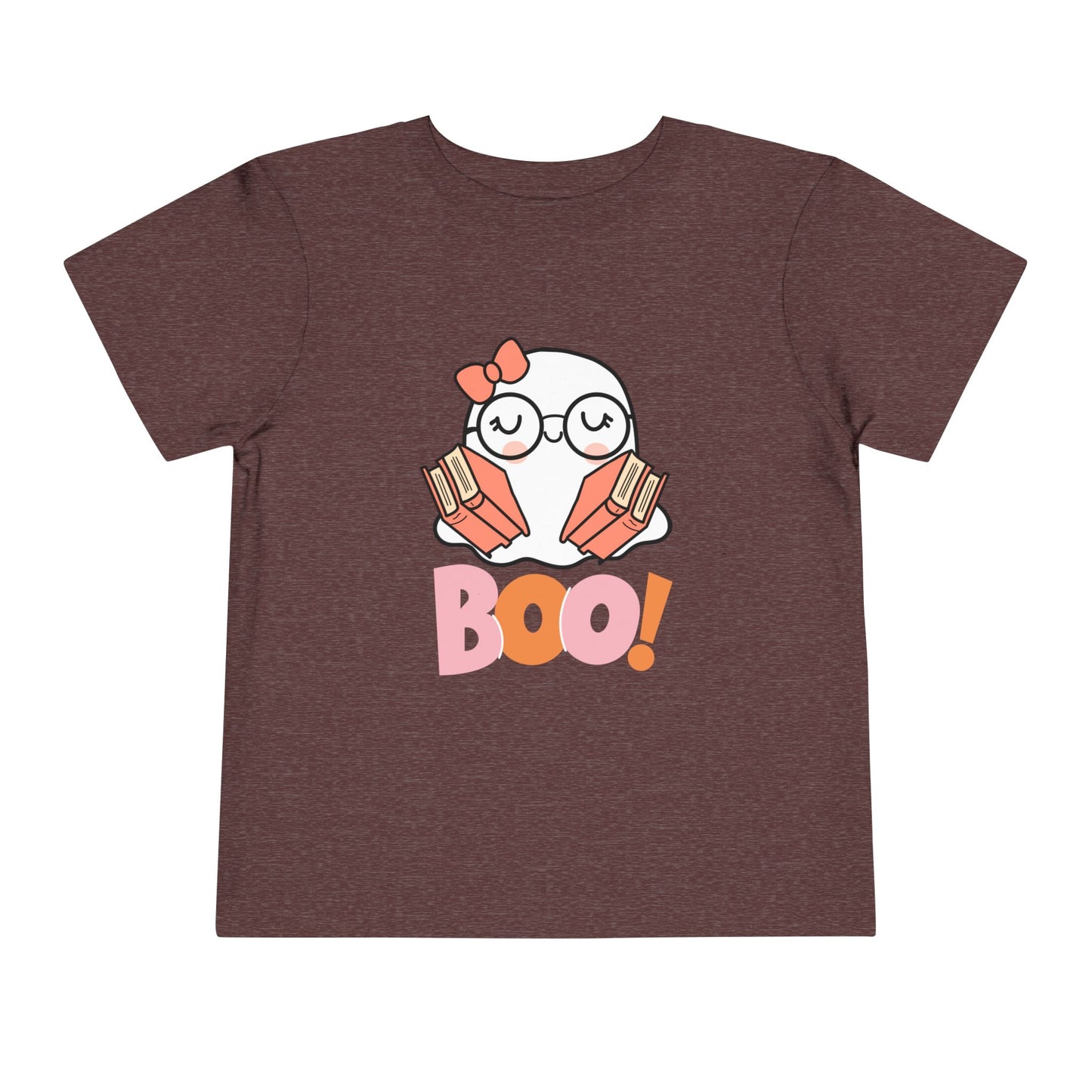 Maroon t-shirt with a ghost holding books in each arm and large 'BOO!' text