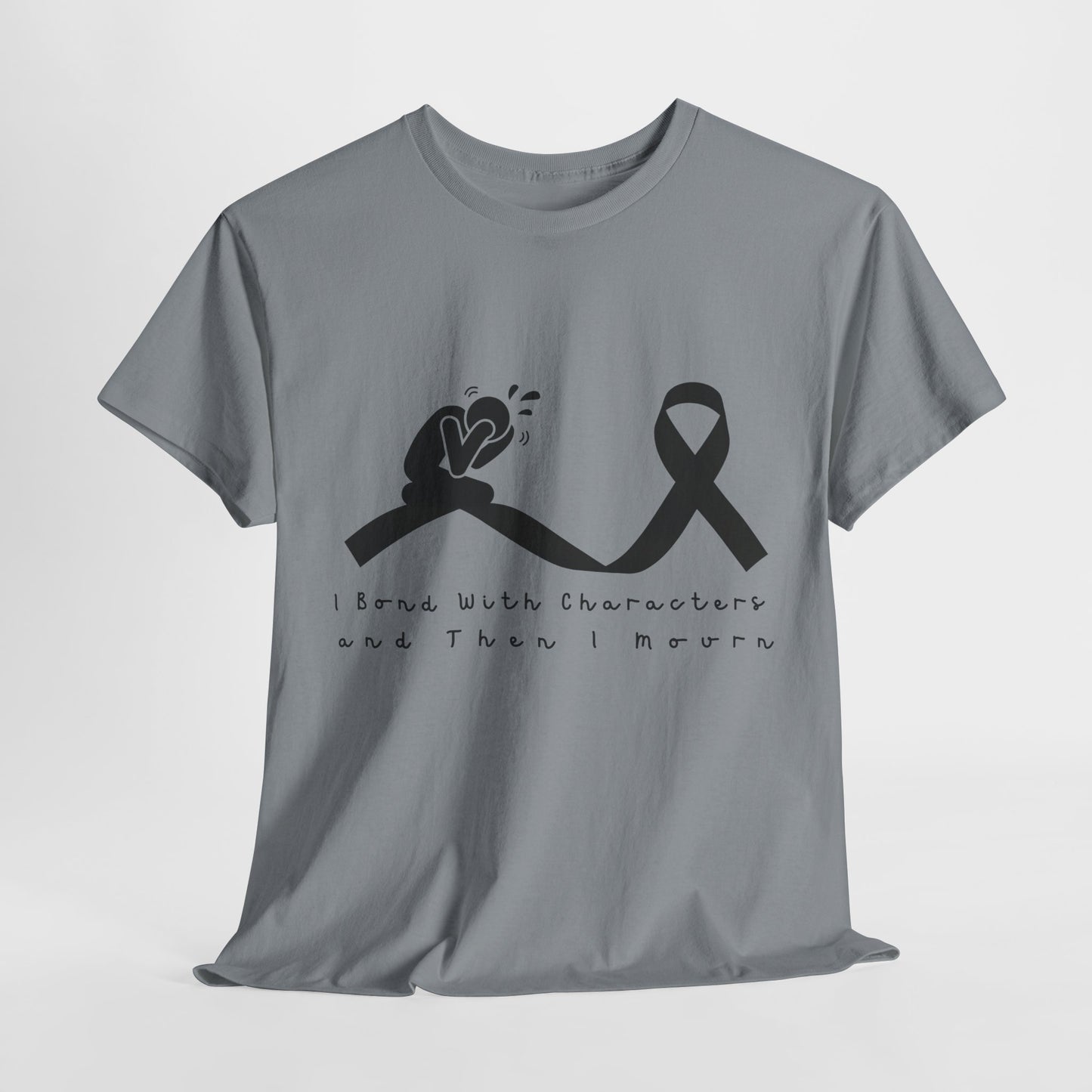 Teen/Adult Unisex I Bond With Characters and Then I Mourn Tee – Book Loss Awareness (Ribbon Edition)