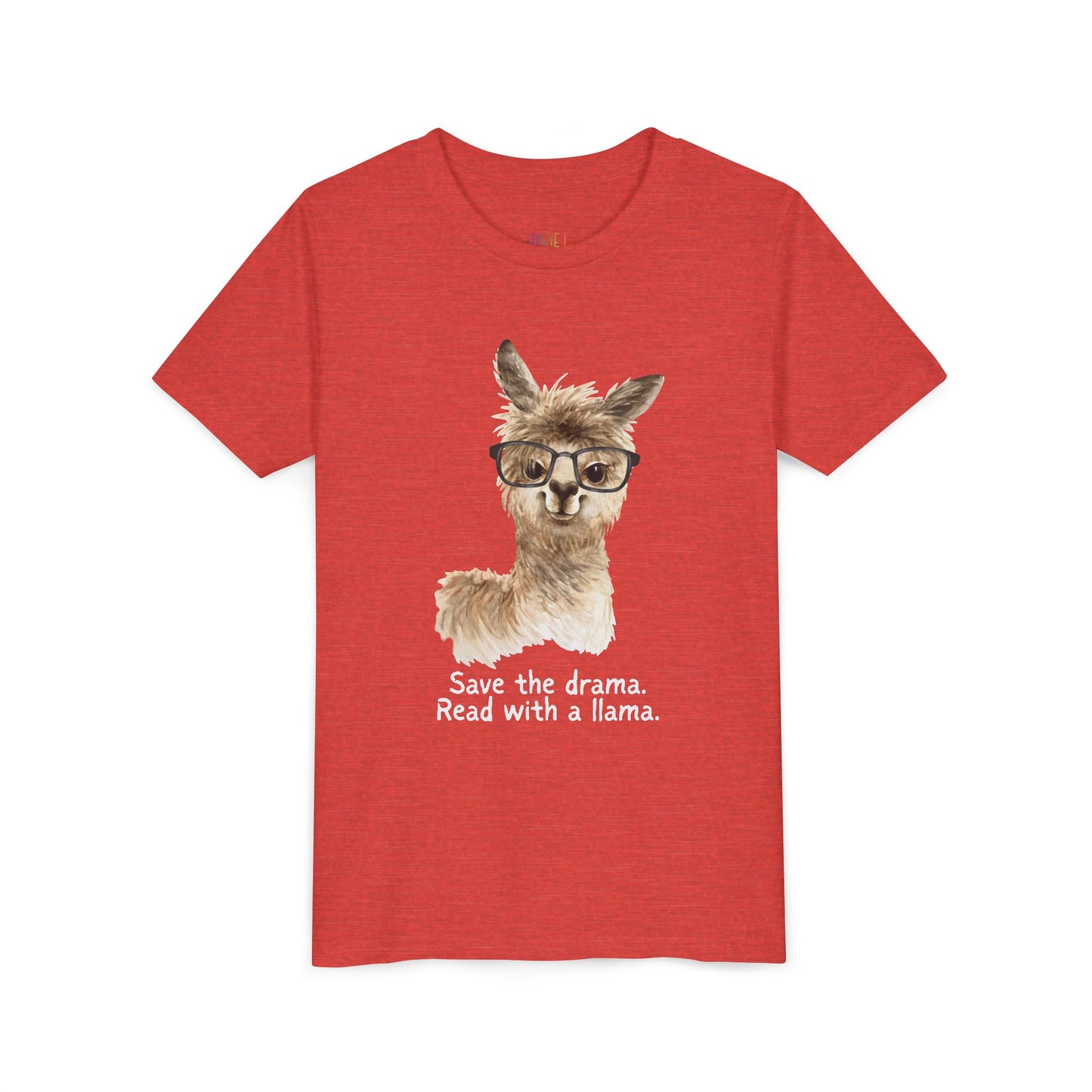 Red t-shirt with an eyeglass wearing llama and text 'Save the drama. Read with a llama.'
