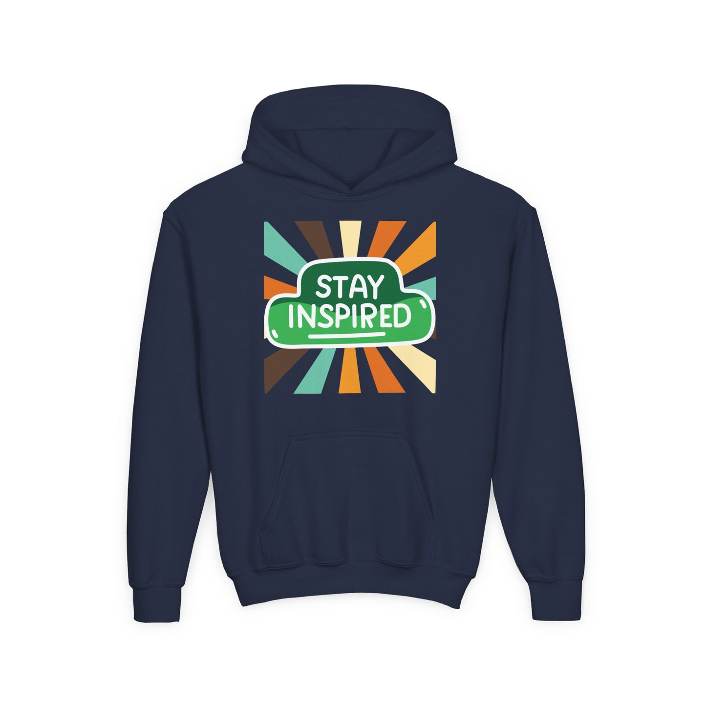 Navy blue hoodie with a retro design and text 'Stay Inspired'