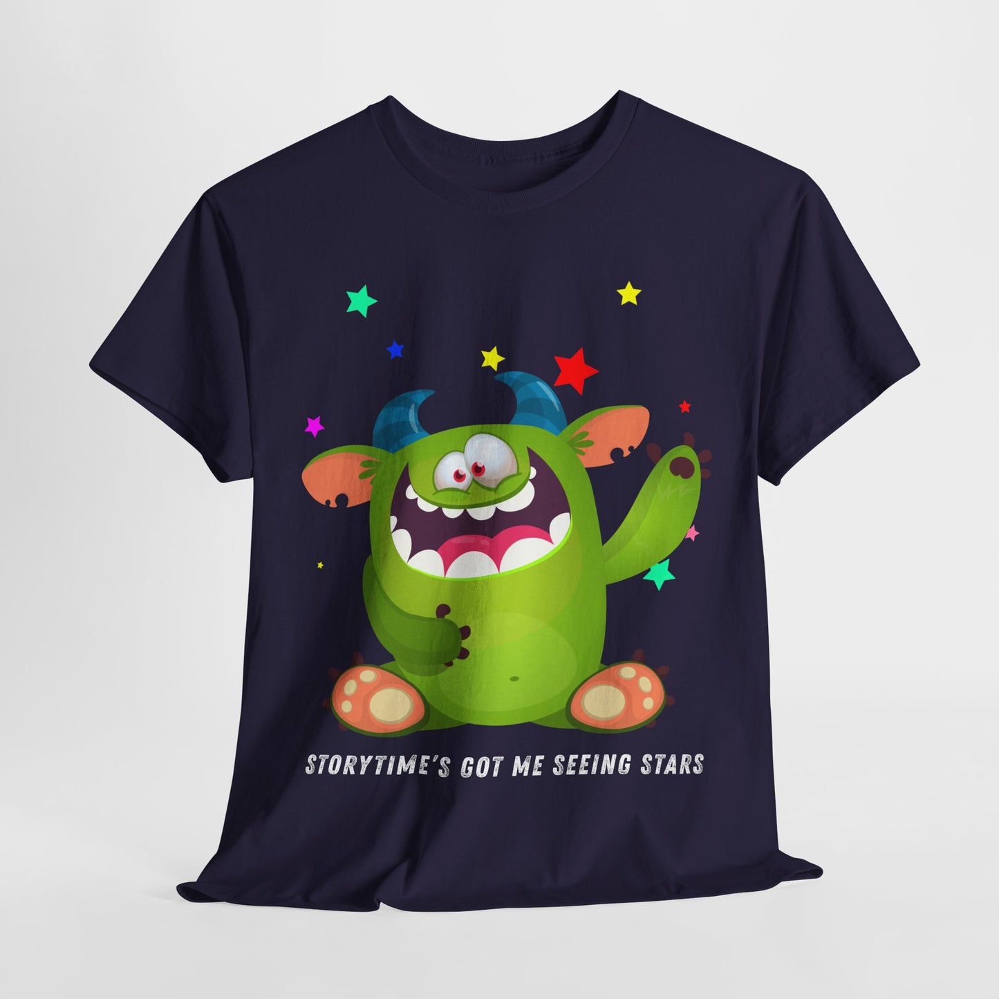 Teen/Adult Unisex Storytime’s Got Me Seeing Stars – Playful Monster Reading Tee
